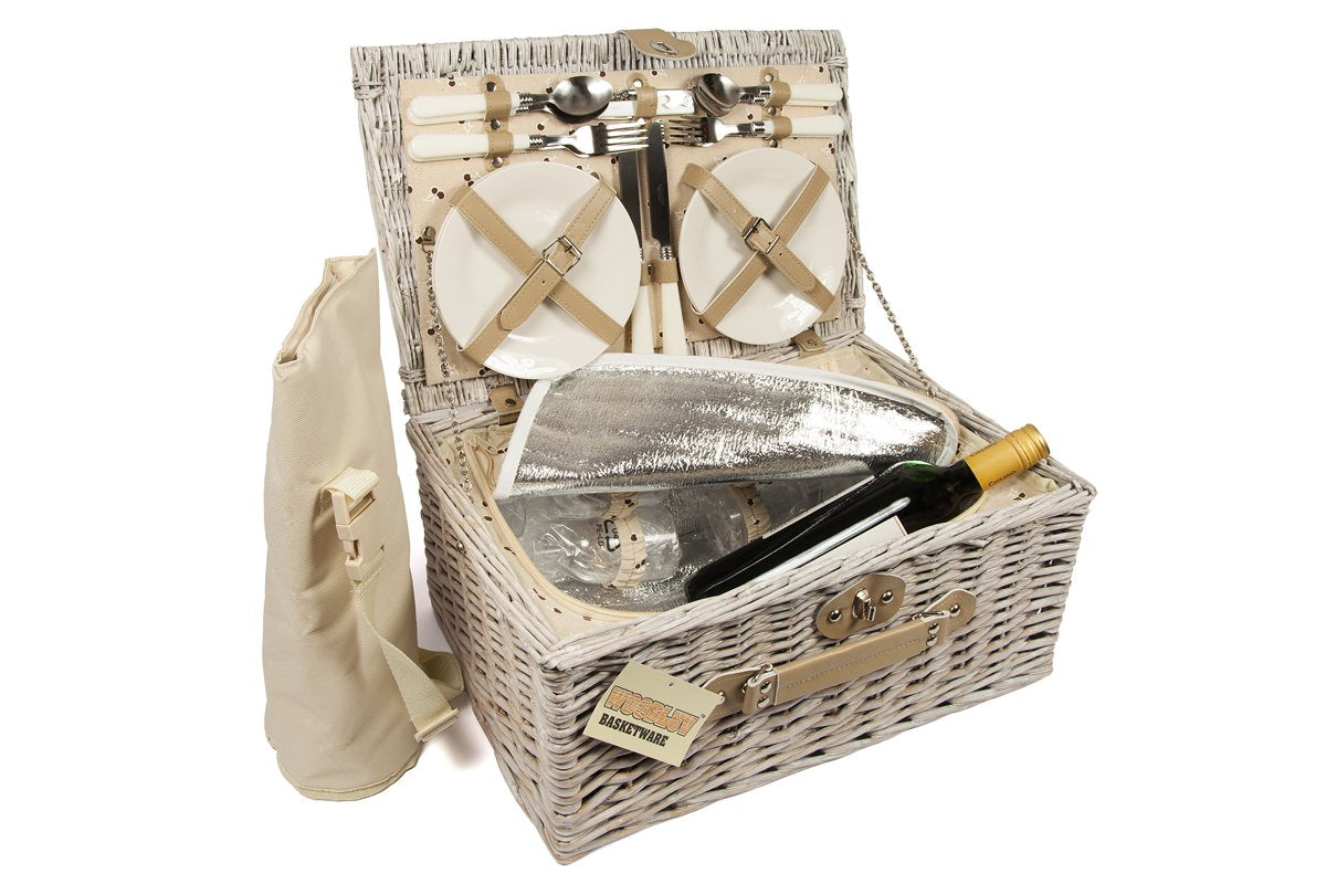 Luxury 4 Person Wicker Chiller Picnic Hamper Basket Easy Carry Handle with Cooler Compartment & Removable Bottle Cooler