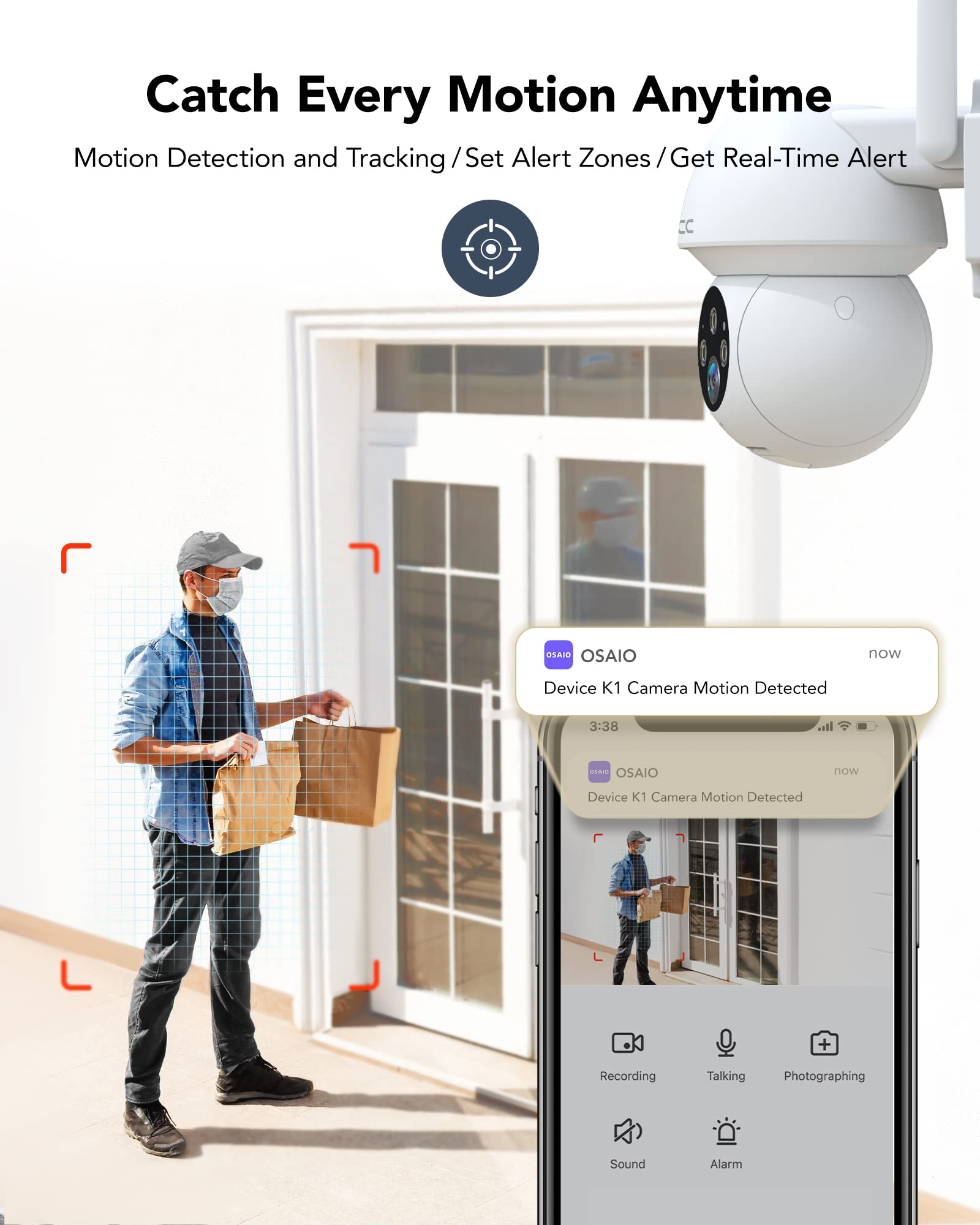 Security Camera Outdoor Indoor, 2.4G Wireless CCTV Camera, GNCC 360°PTZ Auto-Track Colorful Night Vision Home Security Camera, IP66 Waterproof, APP Remote Control, Two Way Audio, Support Alexa (K1)