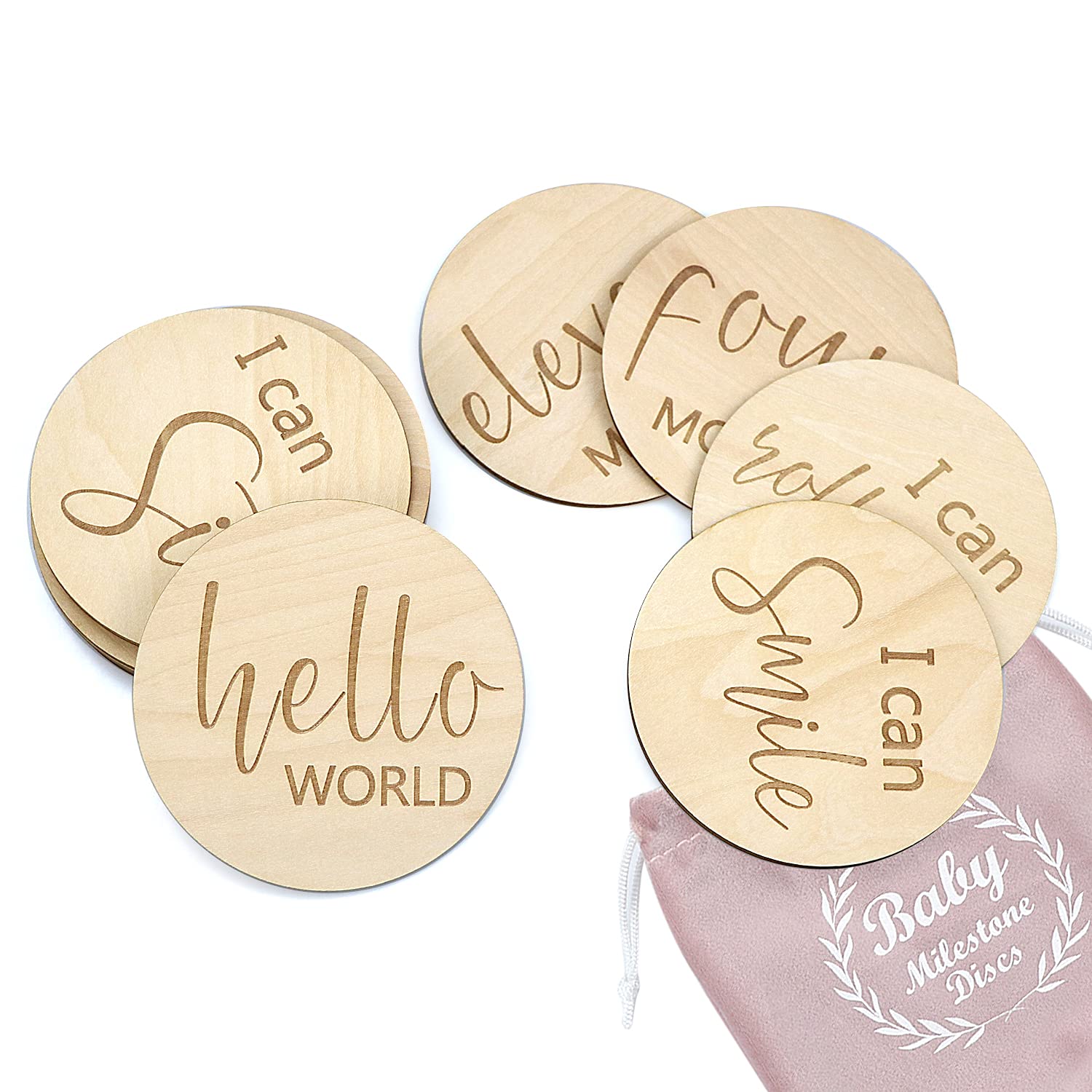 Baby Milestone Cards Wooden Infant First and Monthly Cards Double Sided Engraved Photo Prop Discs,Gift Sets for Baby Shower and Newborn,Set of 13 Come with Velvet Gift Bag