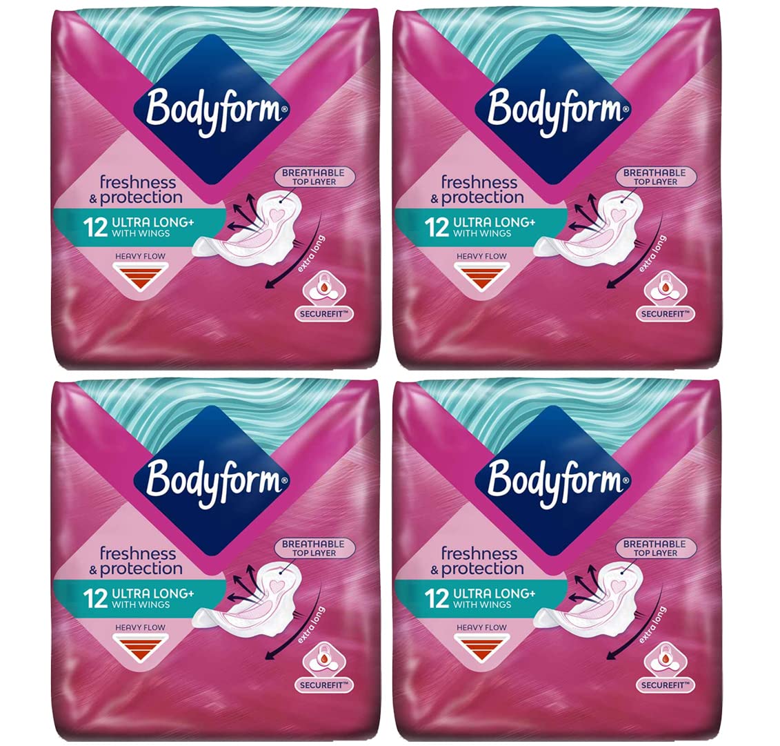 Bodyform Ultra Long with Wings Sanitary Towels Pads 12s, for Heavy Flow - Pack of 4 (48 Pads Total)