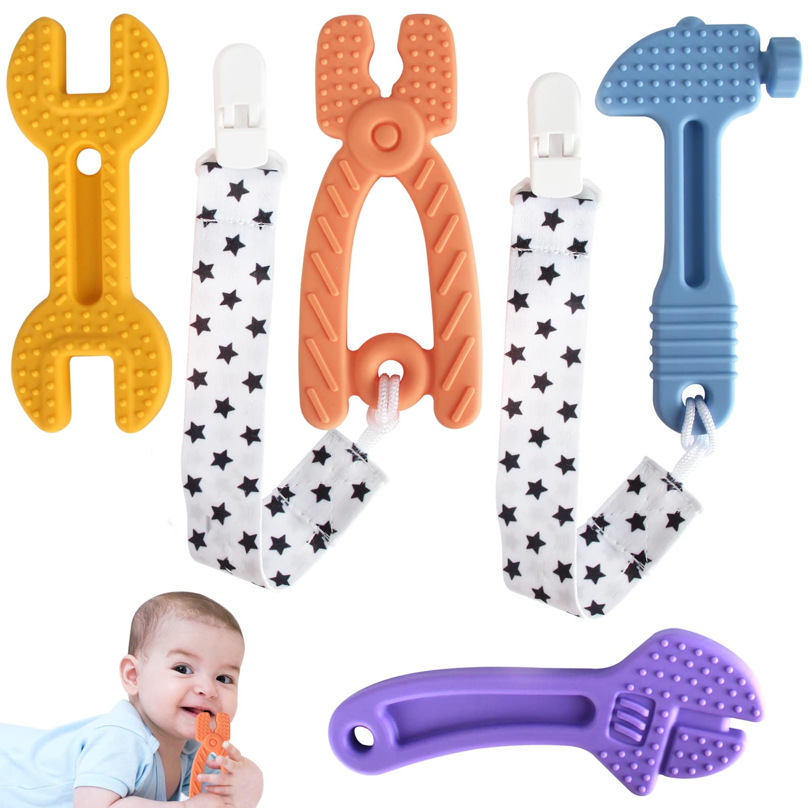 WUJUN 4 Pack Baby Teething Toys Soft Silicone Freezer BPA-Free , Hammer Wrench Spanner Pliers Saw Knife Tools Shape Soothe Babies Sore Molar for 3-12 Months Babies Gums Toys Set(Hammer Set 4 Packs)