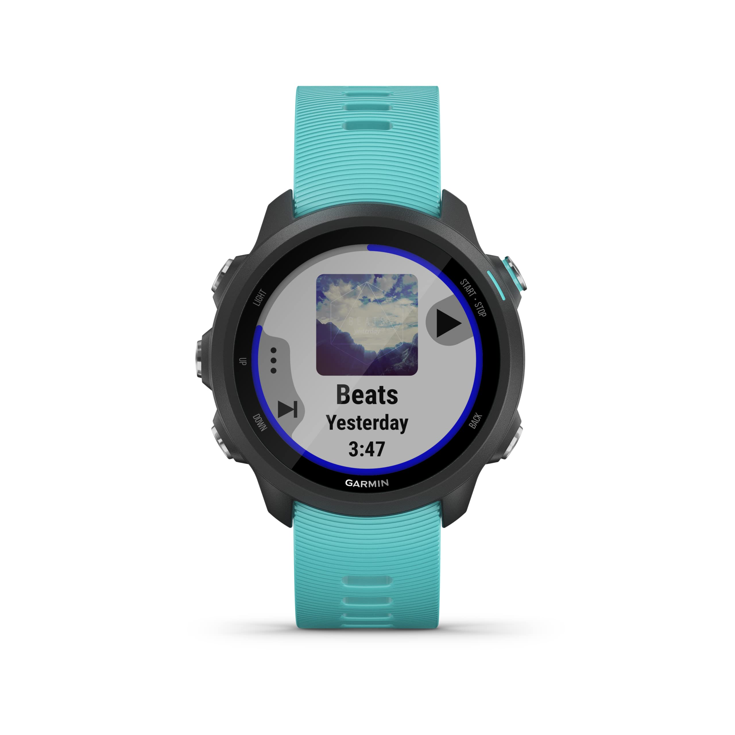 Garmin Forerunner 245 GPS Running Watch, with music and advanced training features, Black with Aqua Band