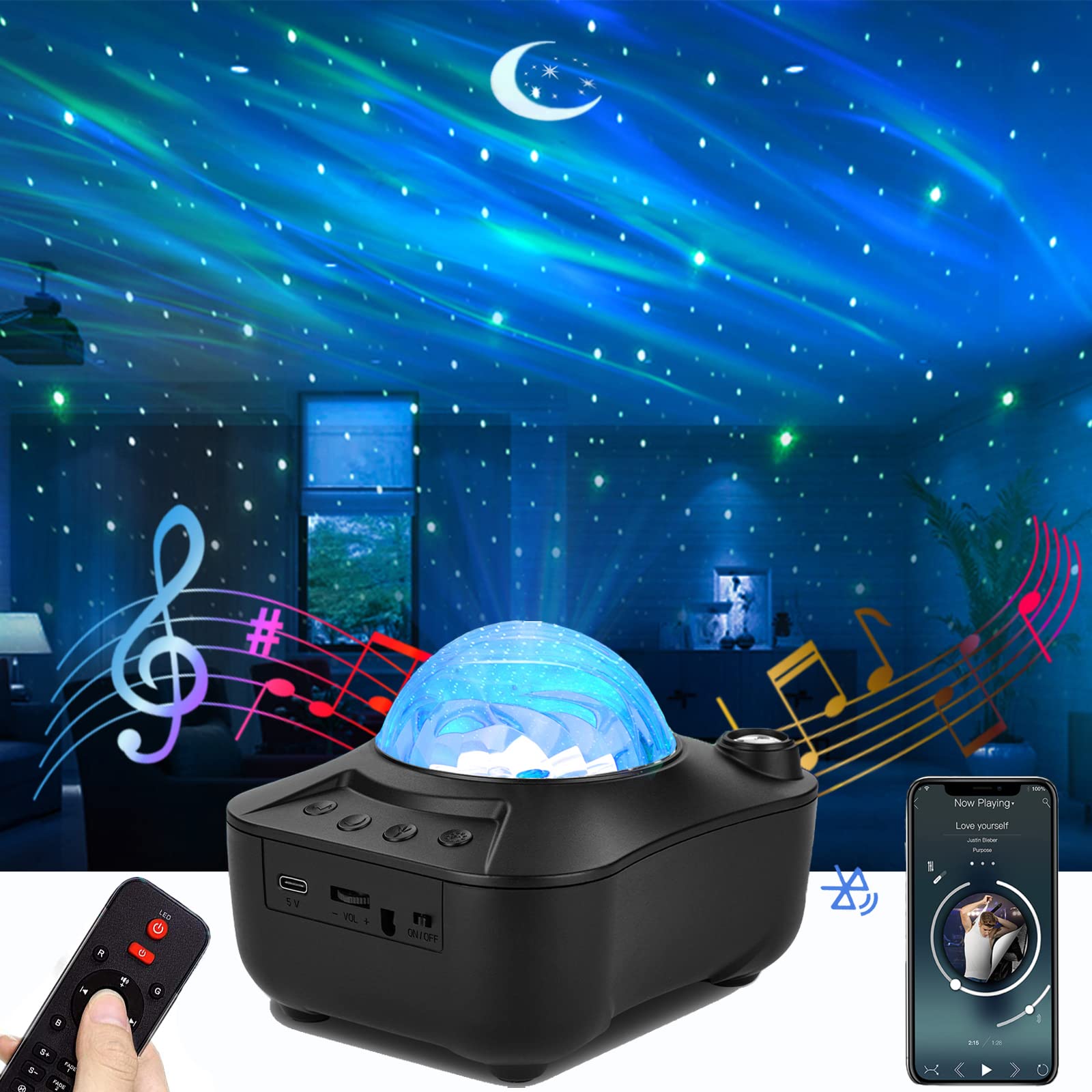 Star Projector, Aurora Starry Moon LED Night Light with White Noise, Bluetooth Speaker,Sound Sensor,Sleep Soothing Color Changing Lamp for Baby Kids Adult Room Bedroom Decoration Christmas Gift