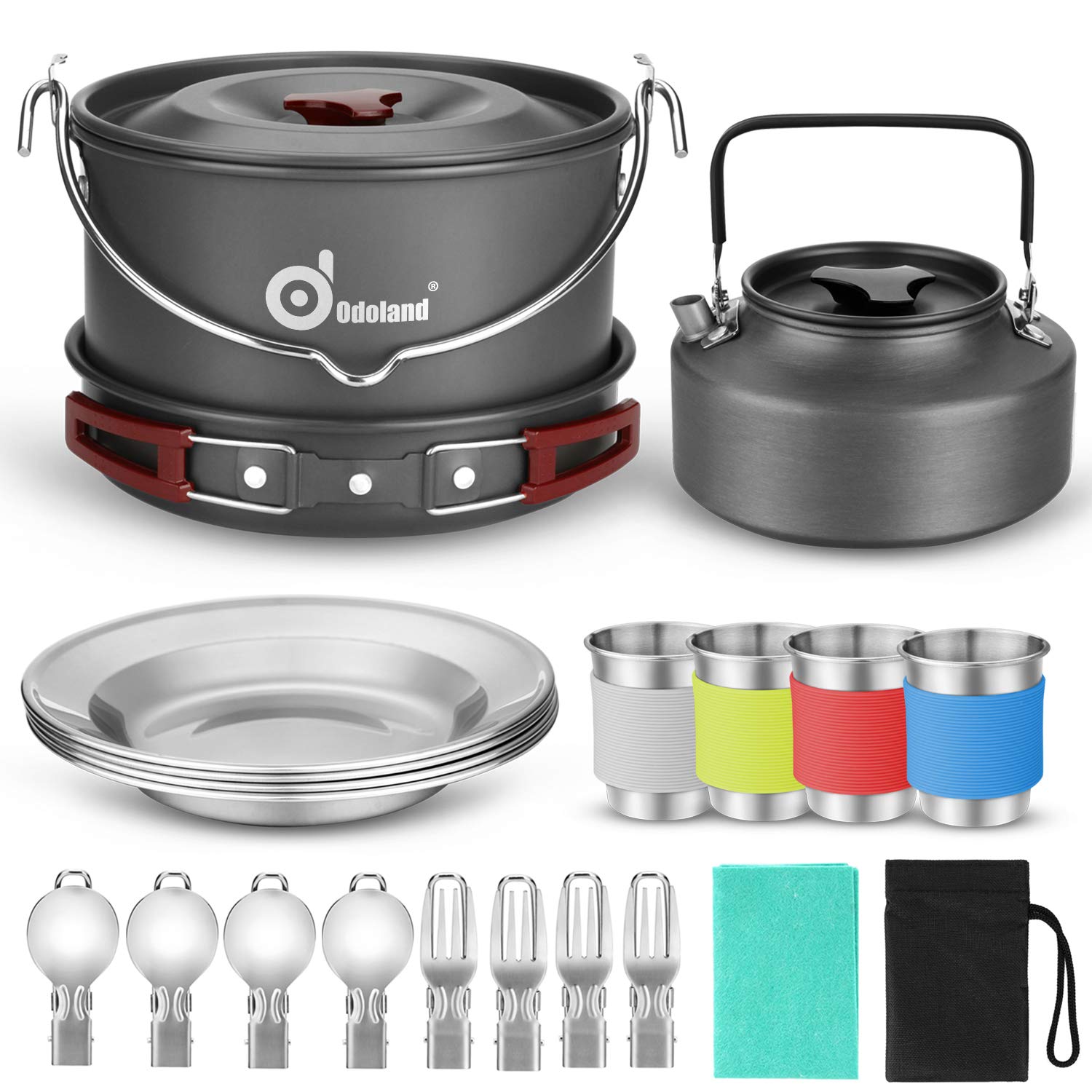 Odoland Camping Cookware Kit for 3-4 People Portable Stainless steel Cooking Set for Campfire Backpacking Pans and Pots Plates Kettle Gear for Outdoor Hiking Picnic and Trekking