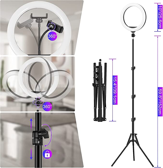 10" Ring Light with Tripod Stand & Phone Holder, Floor Ring Lights for Makeup, 37 RGB Color Modes Circle Light, Height Adjustable LED Ringlight with Remote for YouTube, TikTok