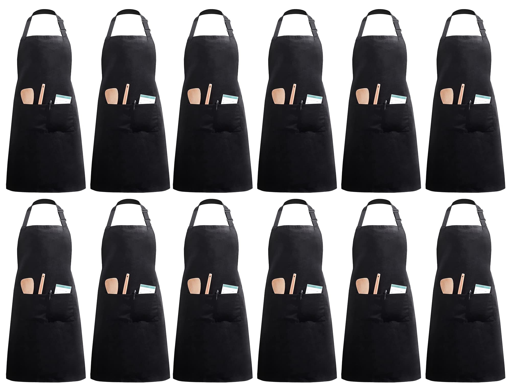 InnoGear Aprons 12 Pcs Chef Aprons with 2 Pockets Unisex Adjustable Men Aprons Women Aprons for Home Kitchen, Restaurant, Coffee house (Black Polyester)