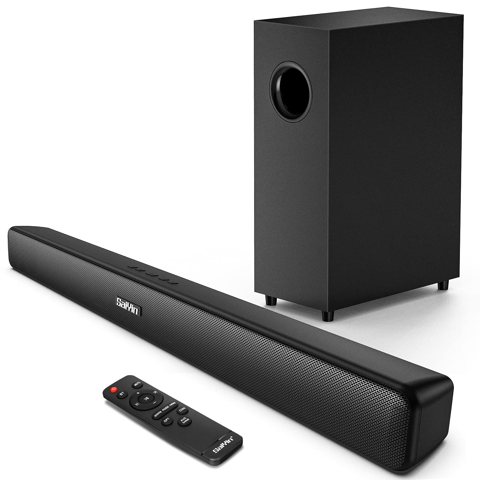 TV Sound Bar with Subwoofer, Saiyin Sound Bars for TV Ultra Slim 29 Inch Wired & Wireless Bluetooth 5.0 Connection, 2.1 Channel TV Speakers Surround Sound System
