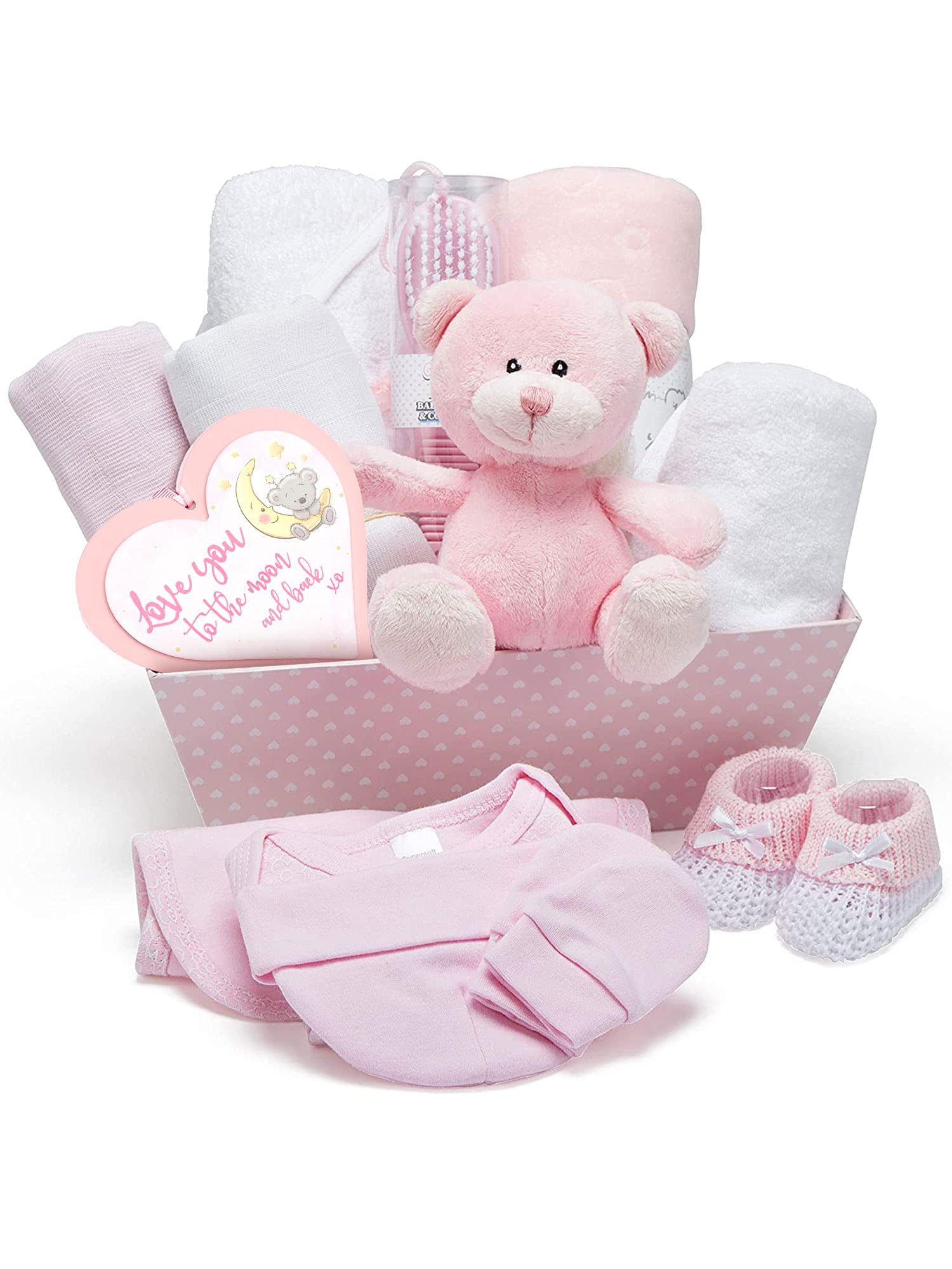Newborn Baby Girl Keepsake Box - Pink, Hand Packed and Wrapped in Chiffon this Hamper includes a Cute Teddy Bear, Knitted Booties, Bodysuit, Bib, Hat, Blanket, Hooded Towel and Hanging Plaque