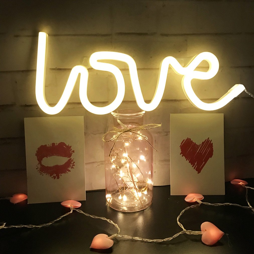 QiaoFei Neon Love Signs Light LED Love Art Decorative Marquee Sign -Wall Decor/Table Decor for Wedding party Kids Room Living Room House Bar Pub Hotel Beach Recreational (warm white)
