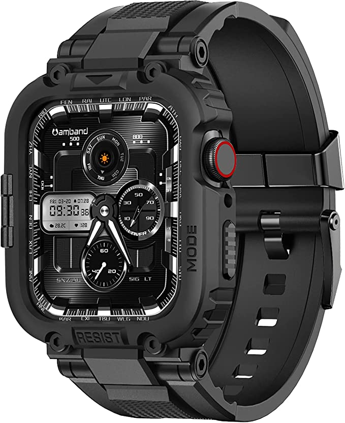 amBand M1 Rugged Case with Strap Compatible with Apple Watch Series 7 45mm, Durable TPU Military Sport Wristband with Bumper Protective Cover for iWatch 6/SE/5/4/3 44mm 42mm Men Black