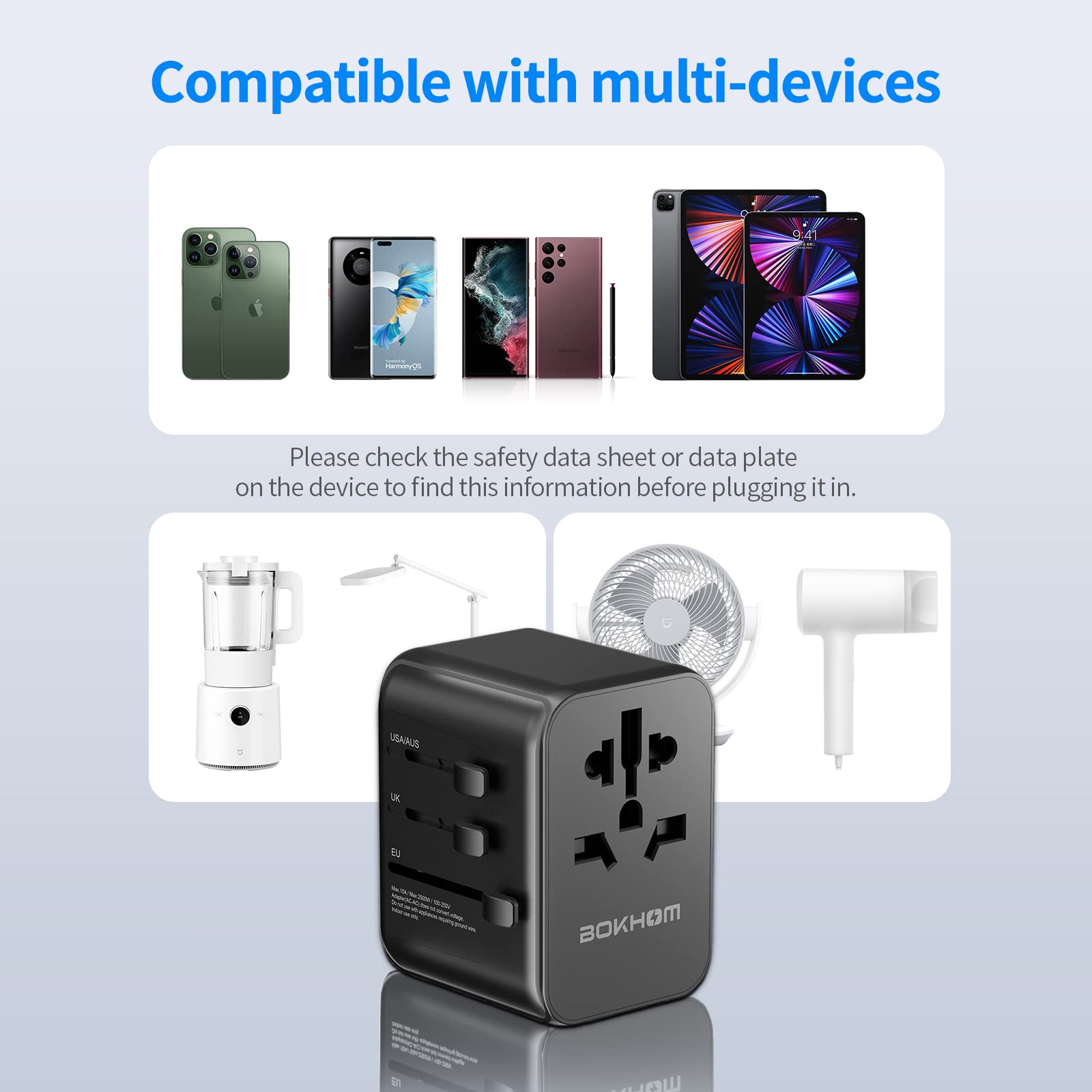 Worldwide Travel Adapter with USB C and USB A Port , All-in-one Universal Plug Adapter with Carry Pouch Dual 10A Fuses Surge Protection International Power Adapter 4 Plugs Trips to US AU Europe UK