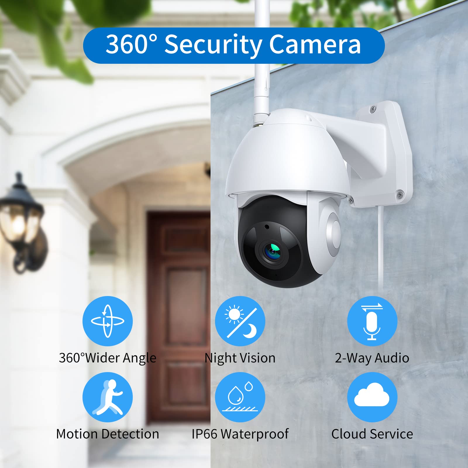 Security Camera Outdoor 1080 FHD 360°View Night Vision IP66 Waterproof WiFi Camera with Motion Detection, Body Tracking 2-Way Audio for Home Security, White