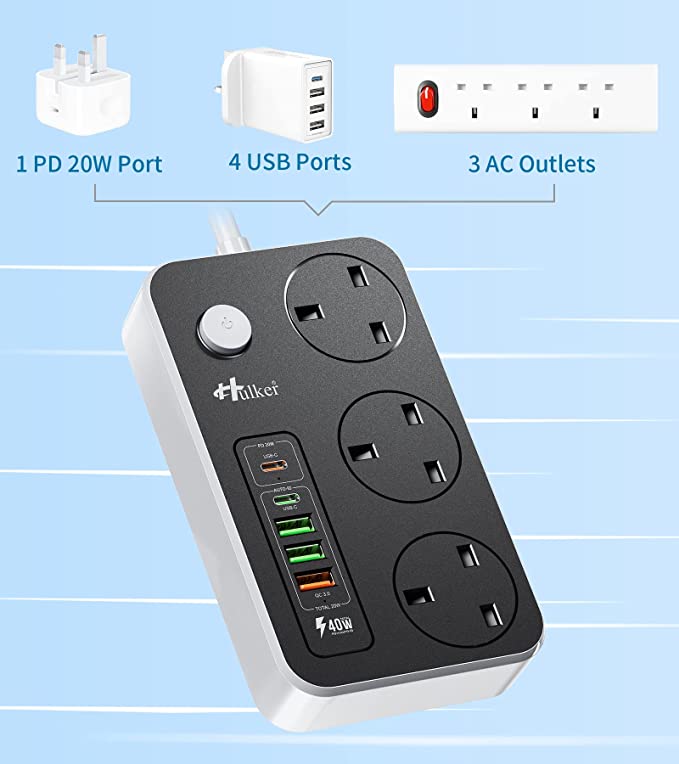 Hulker Extension Lead with USB C Ports Power Strip with 3 Way Outlets 5 USB Slots (1 PD 20W Type-C, 1 QC 18W Fast USB, 3 USB-A Port), Multi Plug Extension Socket with 2 Meter Power Cord 3250W 13A