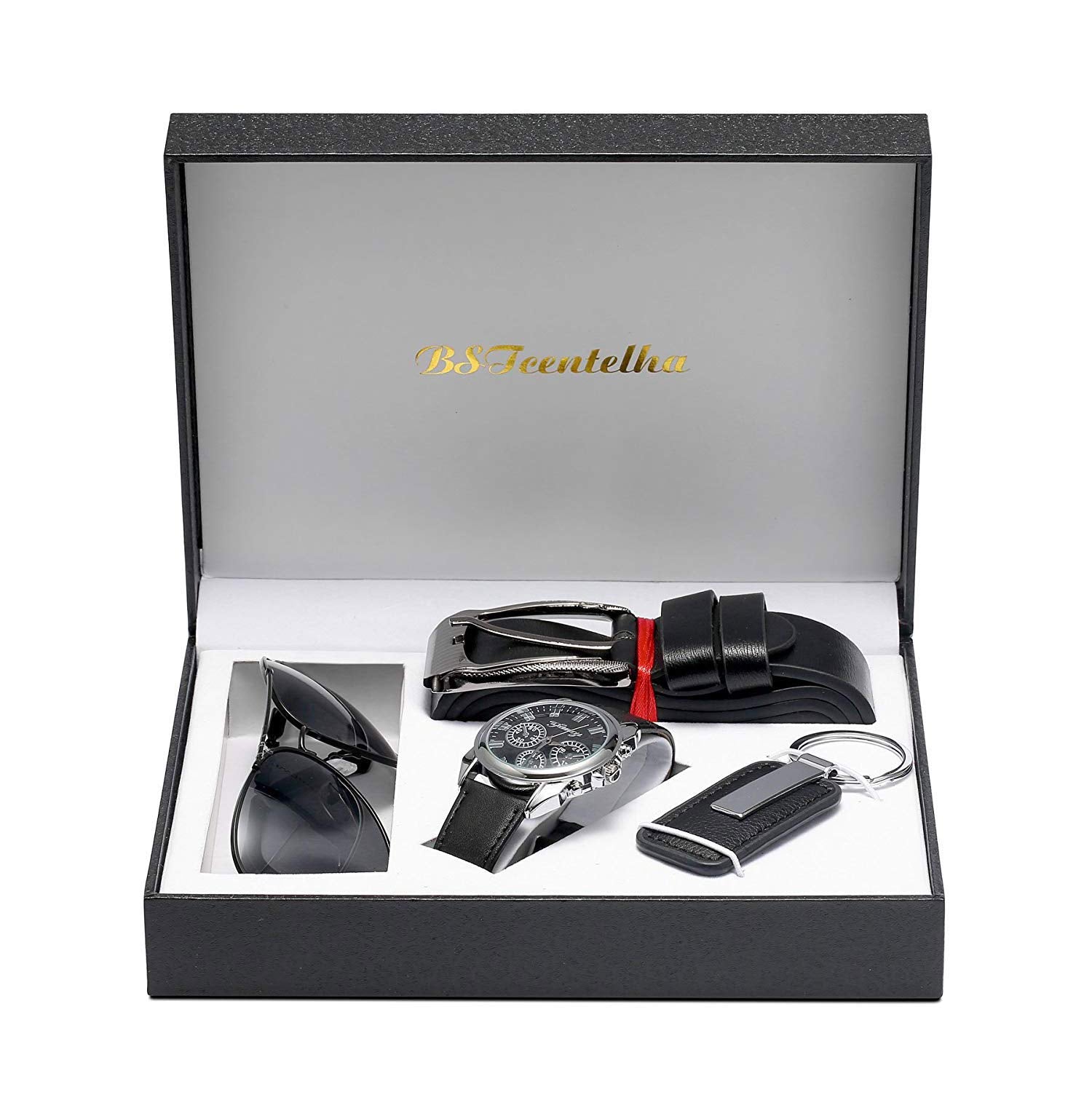 BSTcentelha Mens Artificial Leather Quartz Analog Wrist Watch Belt Keychain Sunglasses Gift Set Dark Blue Valentine's Day Present Gift