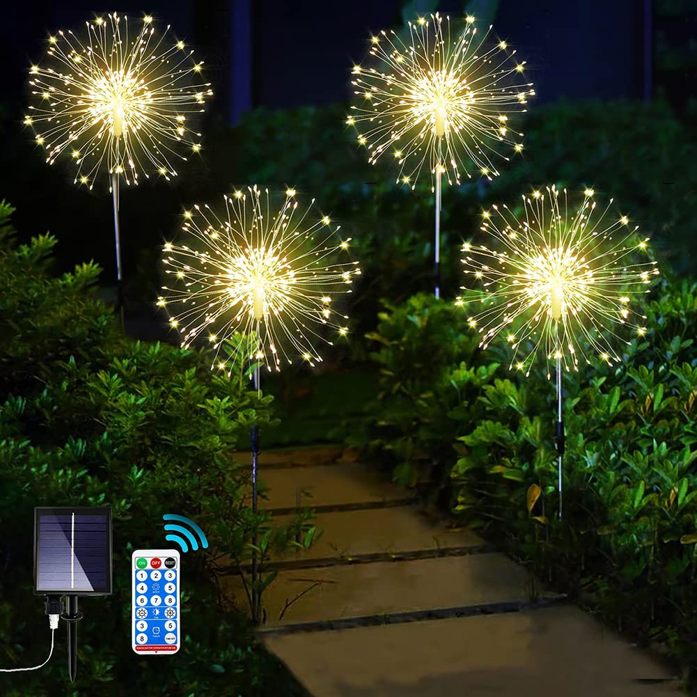 Yowin 4 Pack Solar Firework Lights 120 LED Solar Garden Lights, 8 Modes Solar Starburst Lights with Remote, Outdoor Waterproof Solar Dandelion Lights for Pathway Lawn Party Decorations (Warm White)