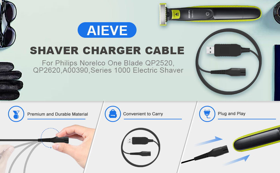 AIEVE Charger for Philips One Blade QP2520,4.3V USB Charging Cable Replacement Charger Cord for Philips Norelco One Blade QP2520,QP2620,A00390,QG3320,RQ320,RQ328,RQ330,RQ331 RQ338,RQ350,Series 1000