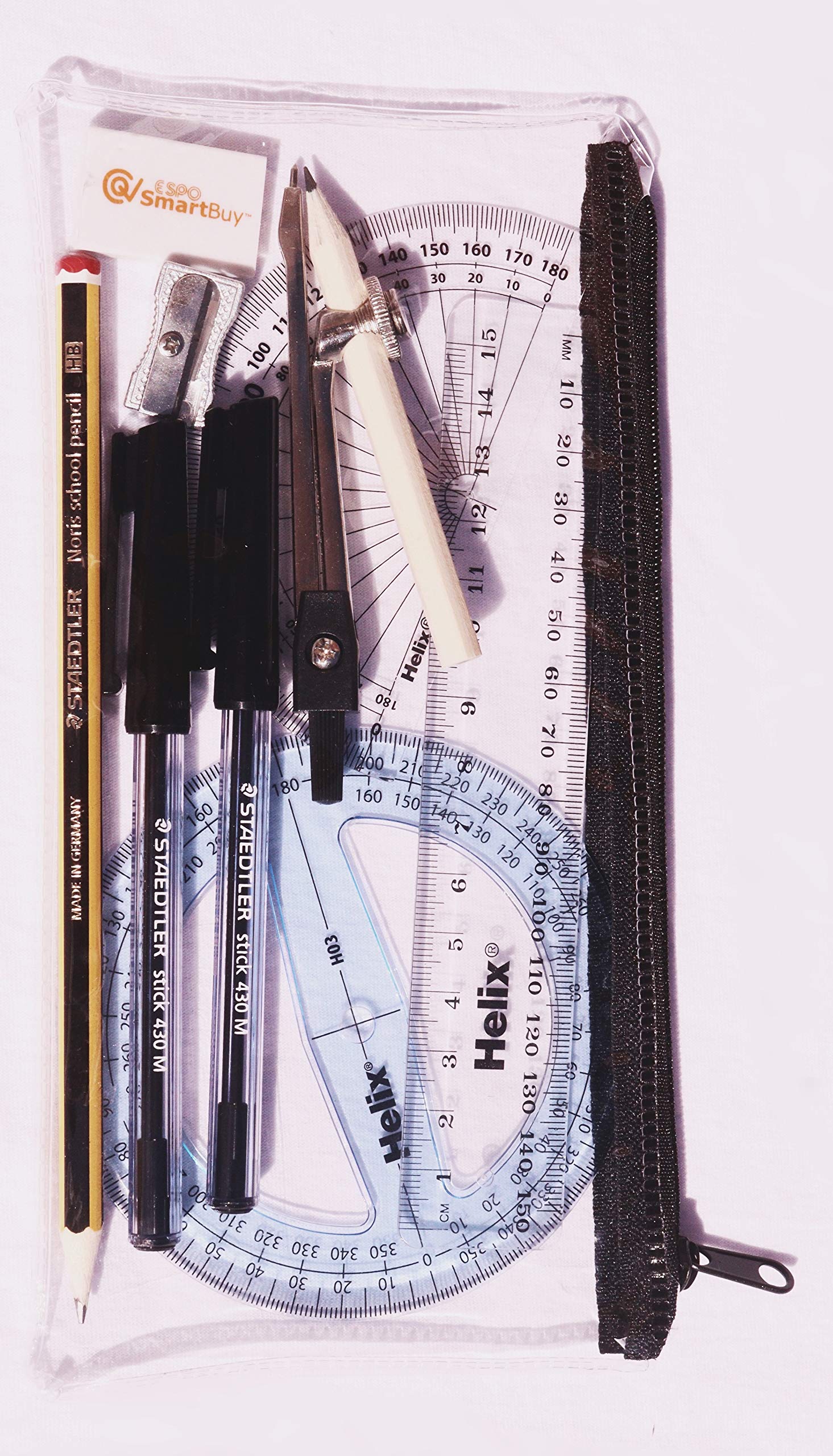 Clear Zipped Maths Pencil Case, Exam Set, Two Black pens, HB Pencil, 180 and 360 Degrees Protractor, Compass with Small Pencil, Metal Pencil Sharpener, Erasure