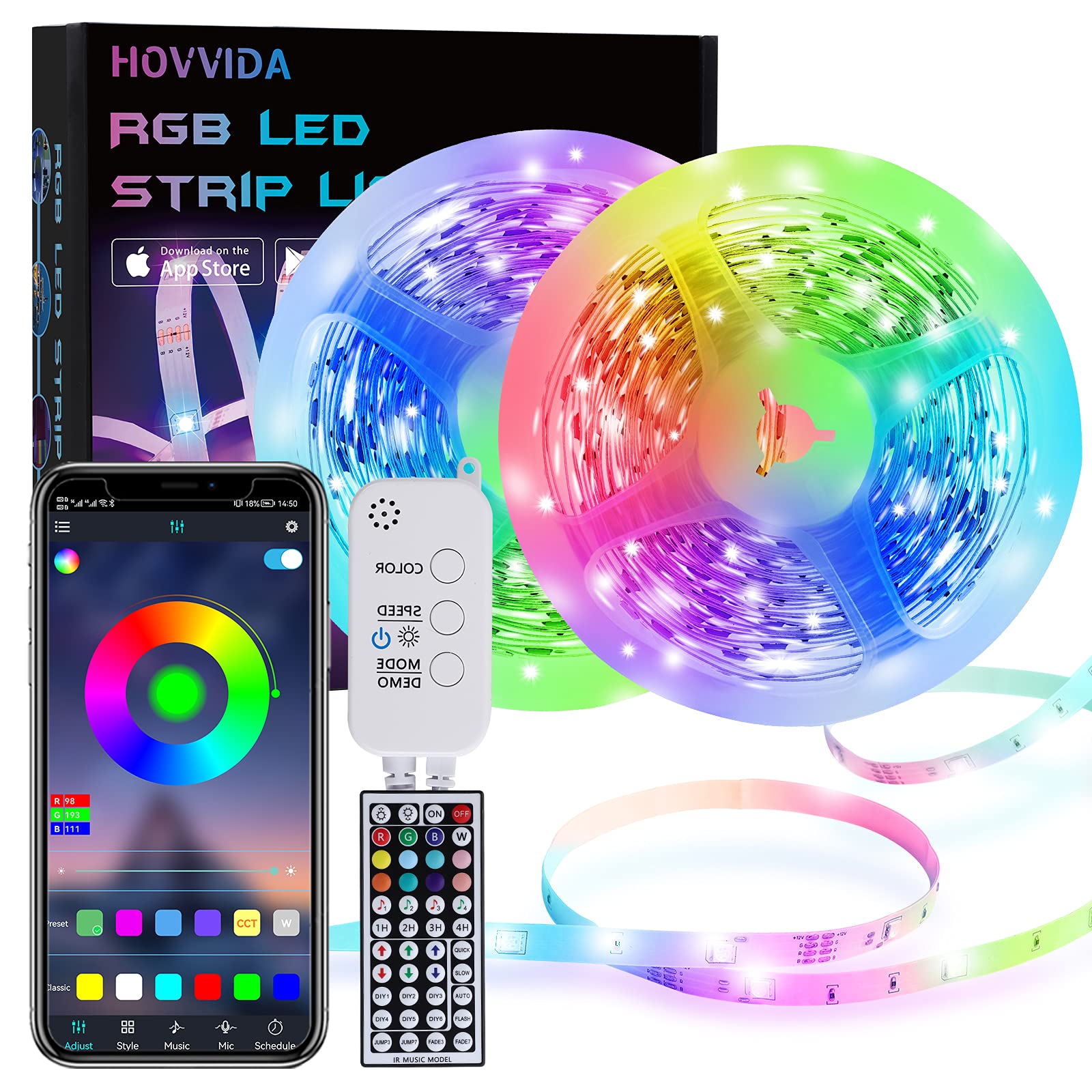 LED Strip Lights, HOVVIDA 15M RGB LED Strip with 44 Keys Remote Control, Music Sync, Controlled by APP, 16 Million Colors, Timing Mode, for Home, Party, Festival