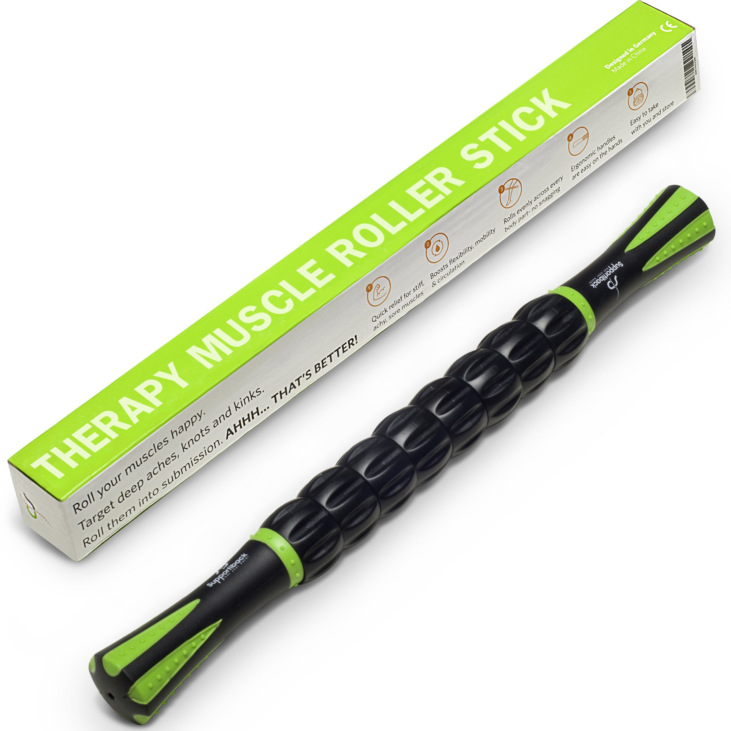 Supportiback 𝗧𝗘𝗡𝗦𝗜𝗢𝗡-𝗥𝗘𝗗𝗨𝗖𝗜𝗡𝗚 Muscle Therapy Massage Stick - 360° Coverage - Ridged Gears for Deep Release - BIO-Based & Carbon-STRENGTHENED - Physiotherapist Designed