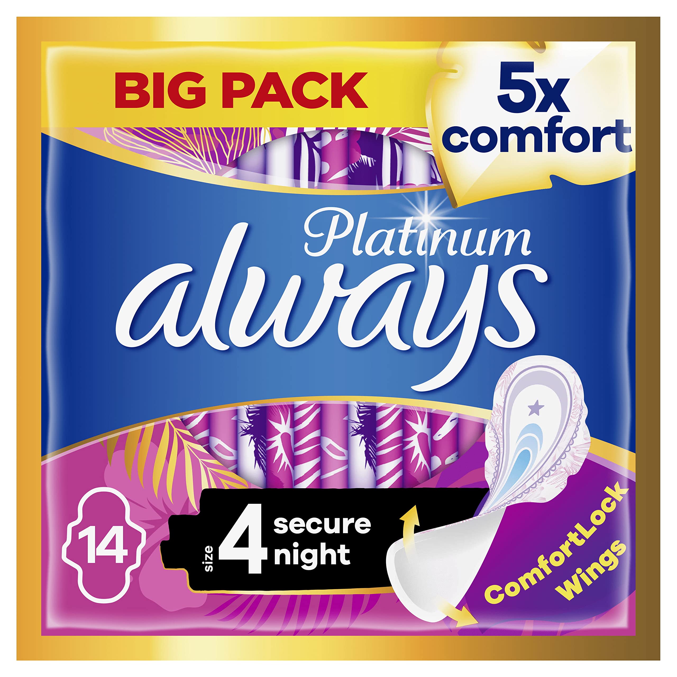 Always Platinum Secure Night (Size 4) Sanitary Towels With Wings 56 Pads, Always Ultra's Best Comfort & Protection