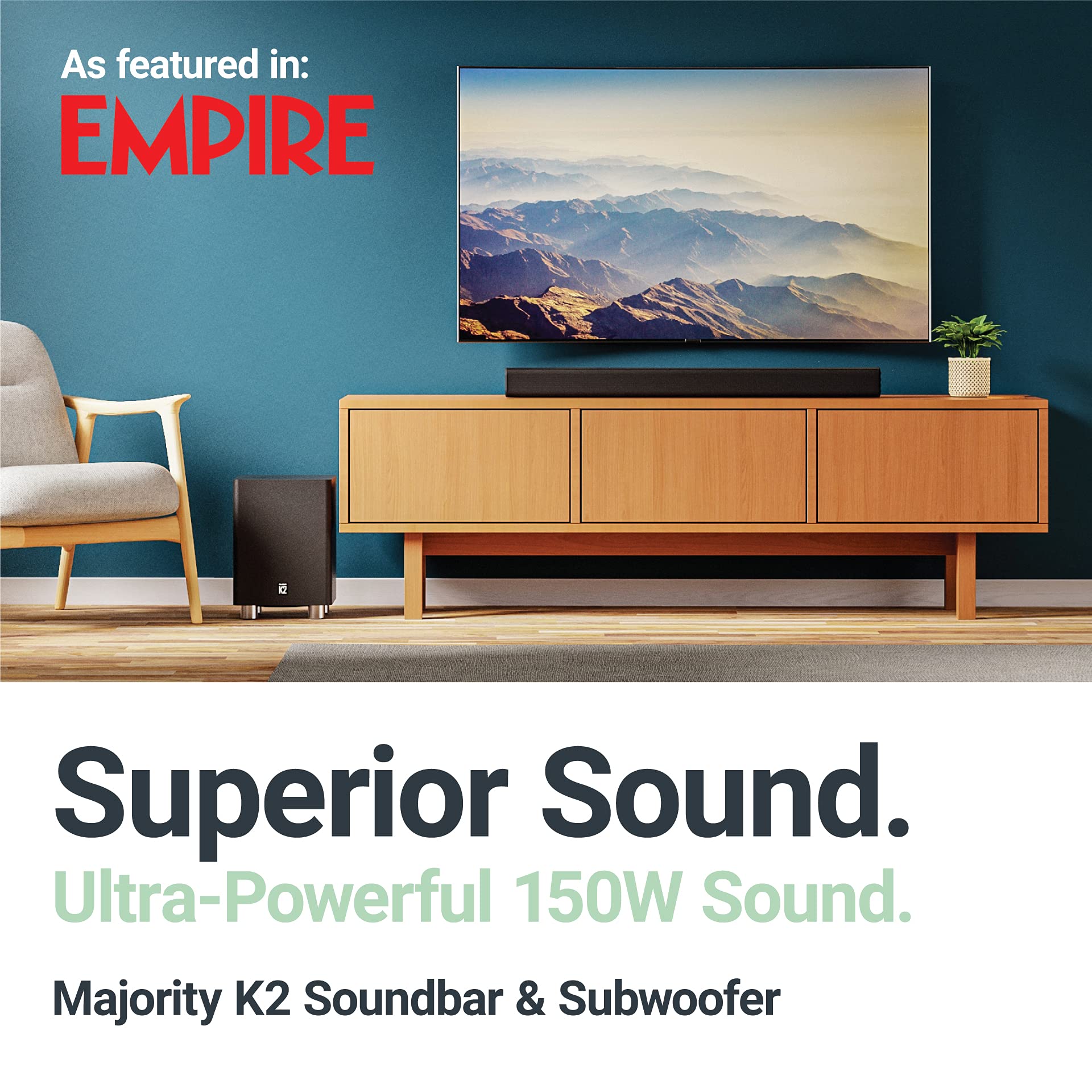 Majority K2 Sound Bar with Subwoofer | 150W Powerful Stereo 2.1 Channel Sound Bar for TV | Home Theatre 3D Surround Sound I HDMI ARC, Bluetooth, Optical & RCA Connection I USB & AUX Playback | Black
