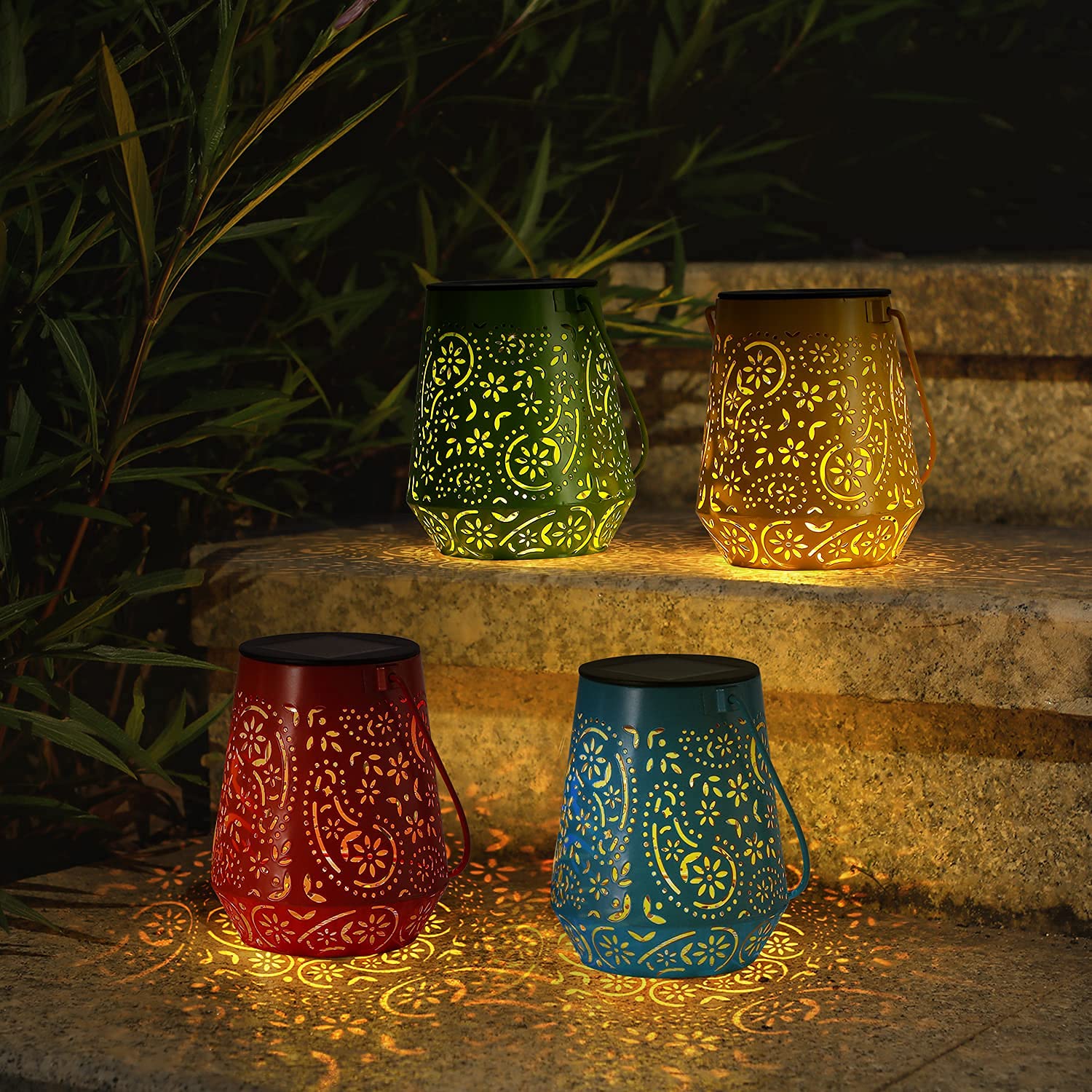 Garden Lights Outdoor Solar Lantern - OxyLED 4 Pack Colorful Hanging Metal Lamp IP44 Waterproof Moroccan Decoration Ornaments for Patio Fence Tree Room Outside Multicolors
