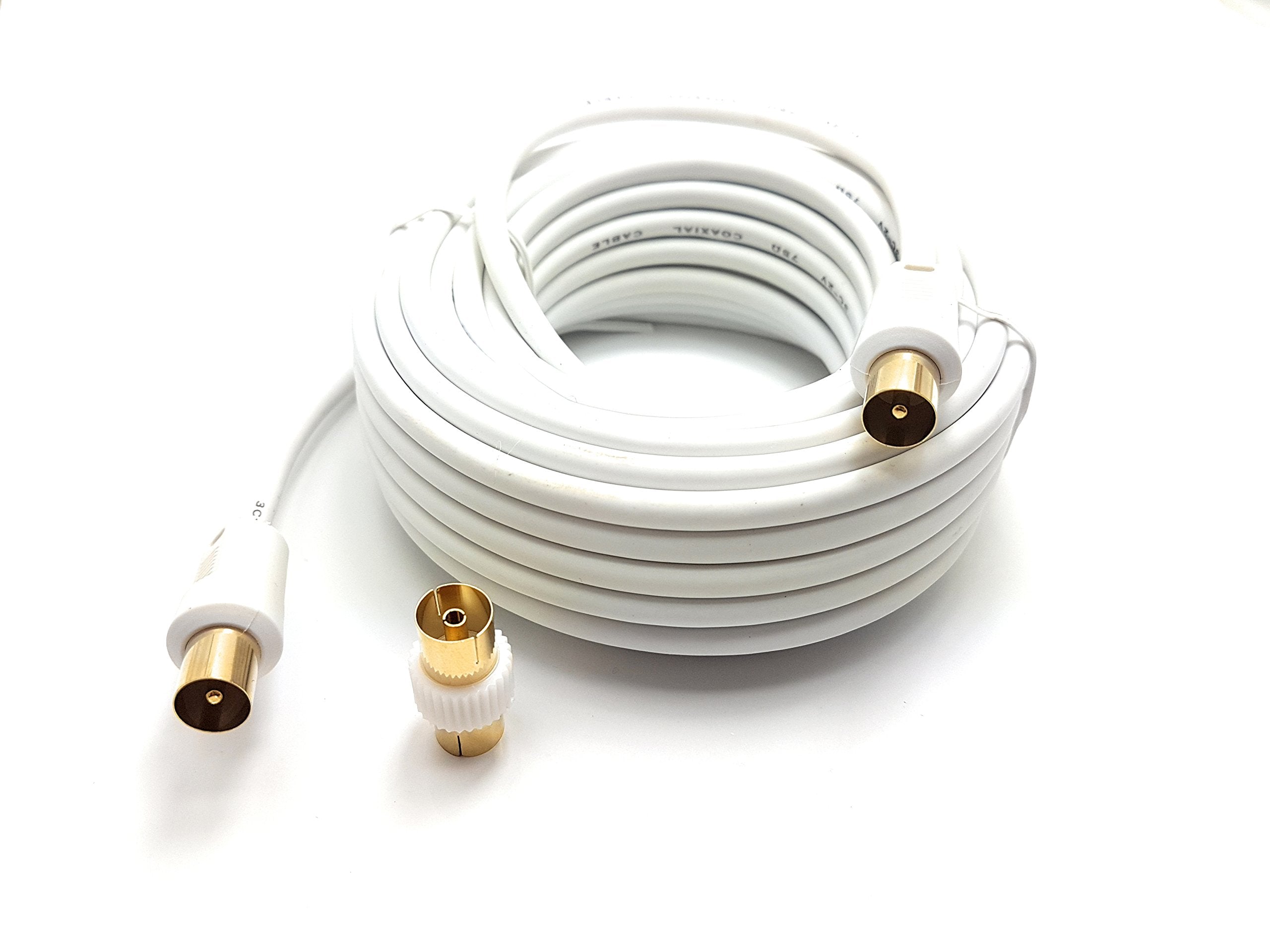 MainCore 10m Long White Gold Plated RF TV Freeview Plug to Plug White Aerial Antenna Lead Cable with Coupler (10m)