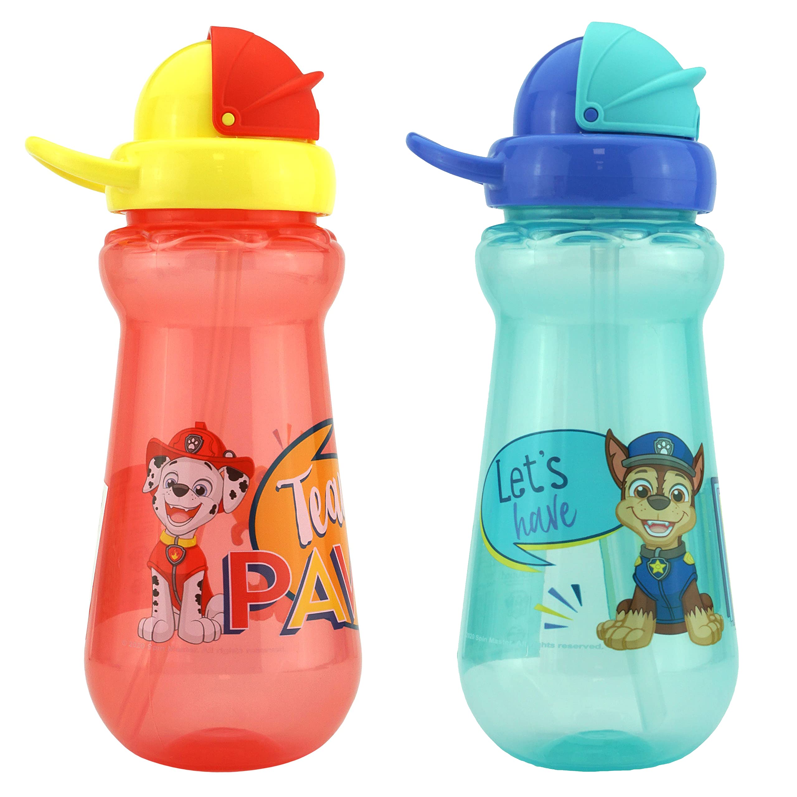 SRV Hub® 2x Paw Patrol Straw Sipper 340ml Plastic Water Bottles Blue and Red (Paw Patrol Chase and Marshall)