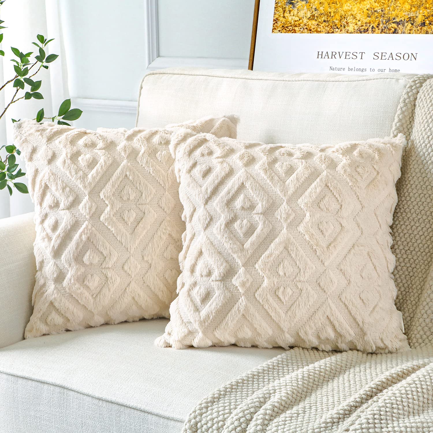 Artscope Pack of 2 Soft Plush Short Wool Velvet Decorative Cushion Covers Luxury Style Throw Pillow Covers European Pillow Shell for Sofa Bedroom Diamond Shape Cream Beige, 60x60cm