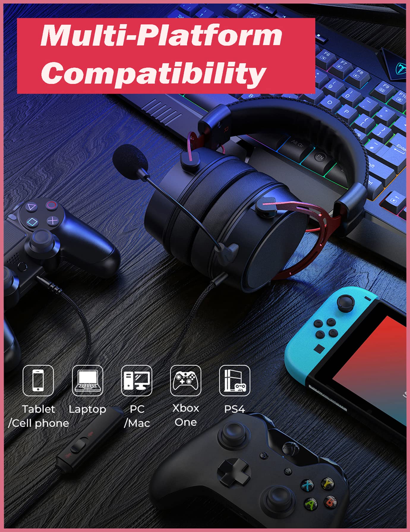 Gaming Headset with Noise Cancelling Mic, 7.1 Surround Sound PC Headset, 50mm Drivers Wired Stereo Headphones, In-Line Control, Over Ear Soft Memory Earpads, PS4 PS5 Xbox One Switch Laptop PC (Red)