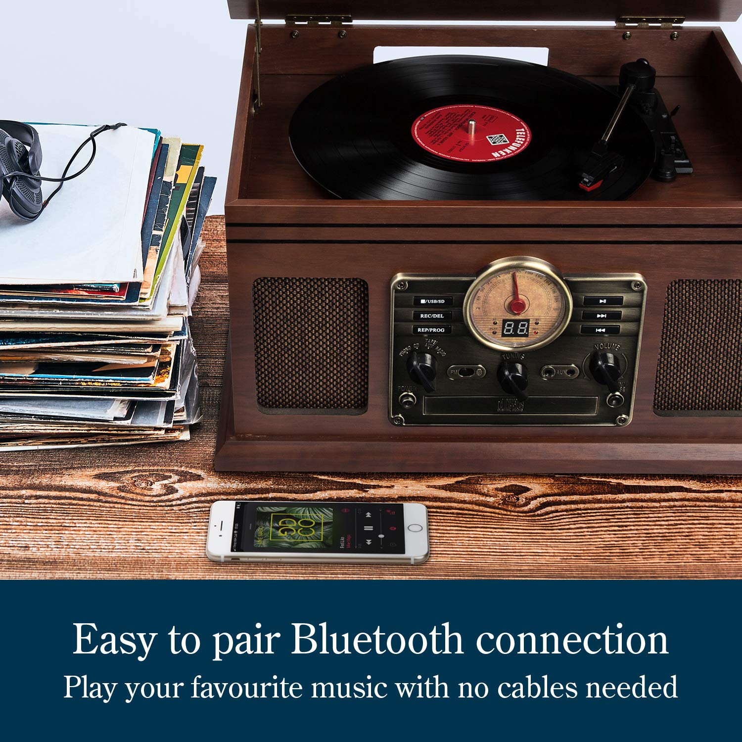Record Player Vinyl Turntable with Speakers – USB MP3 Playback/Bluetooth/FM Radio/CD & Cassette Player/Vinyl LP Records/SD Card Reader