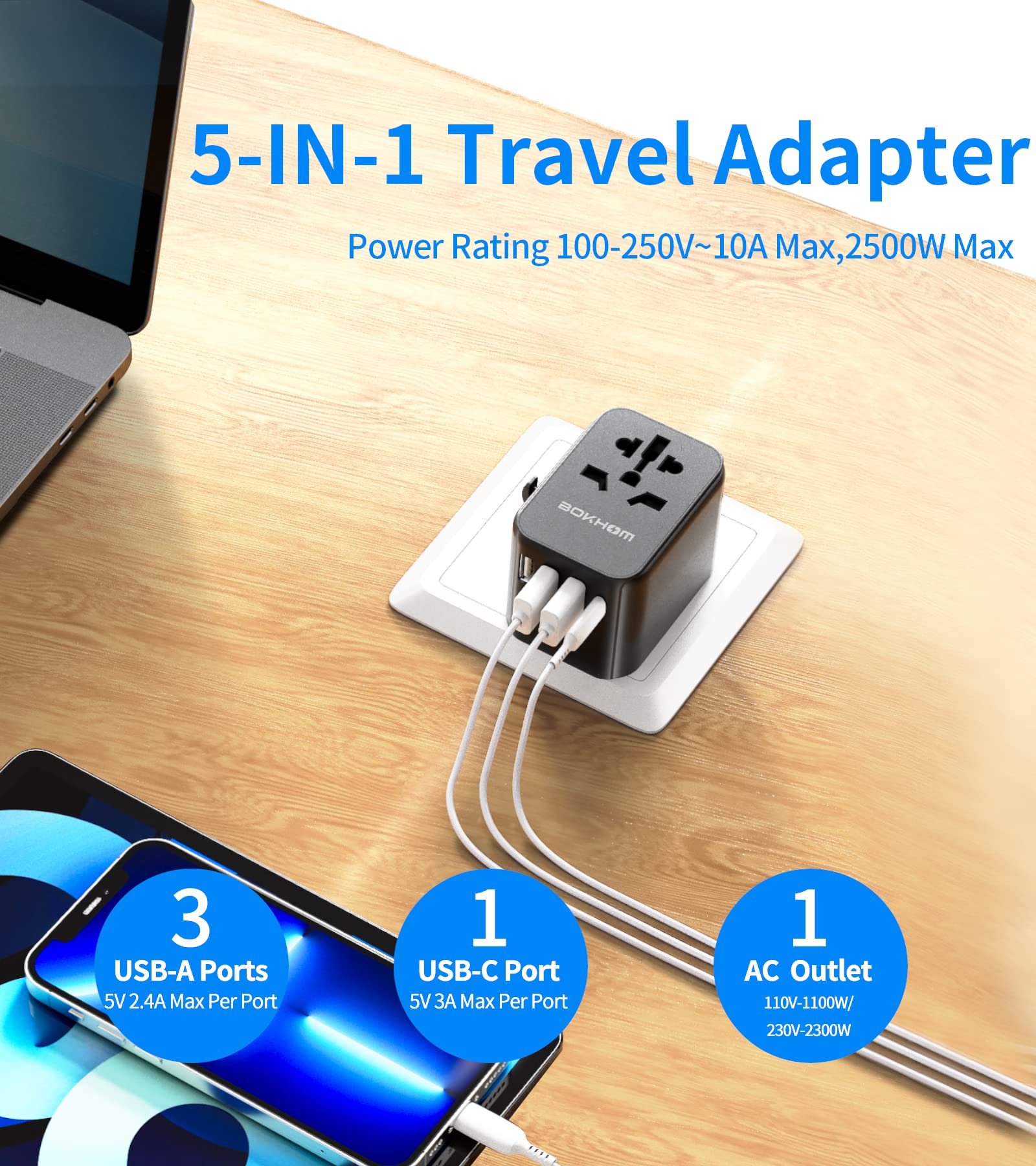 Worldwide Travel Adapter with USB C and USB A Port , All-in-one Universal Plug Adapter with Carry Pouch Dual 10A Fuses Surge Protection International Power Adapter 4 Plugs Trips to US AU Europe UK