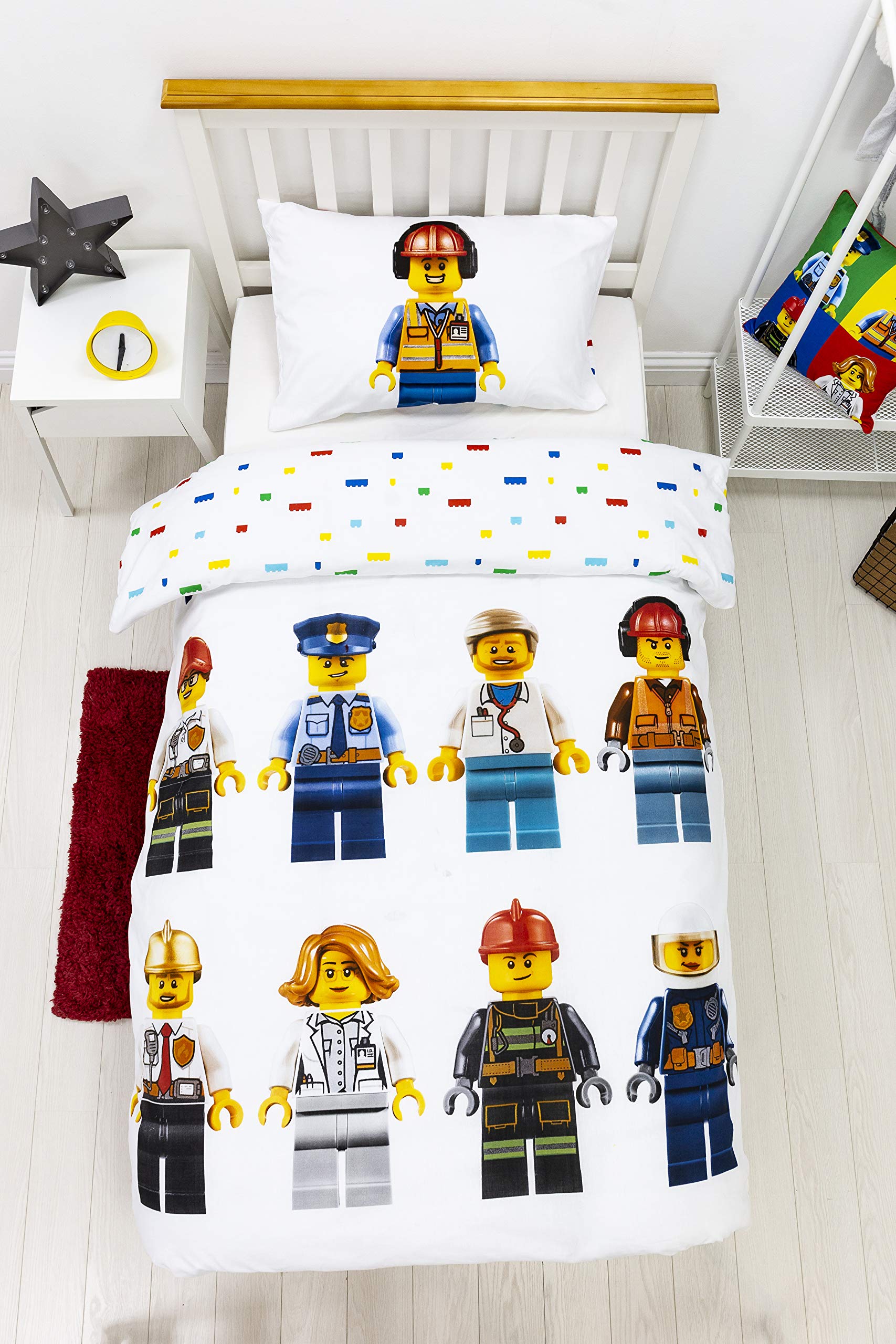 Character World LEGO Official Hello Single Duvet Cover | Lego City Design | Boys & Kids & Teenager Reversible Bedding Set & Pillowcase, White, LG4HELDS001UK1