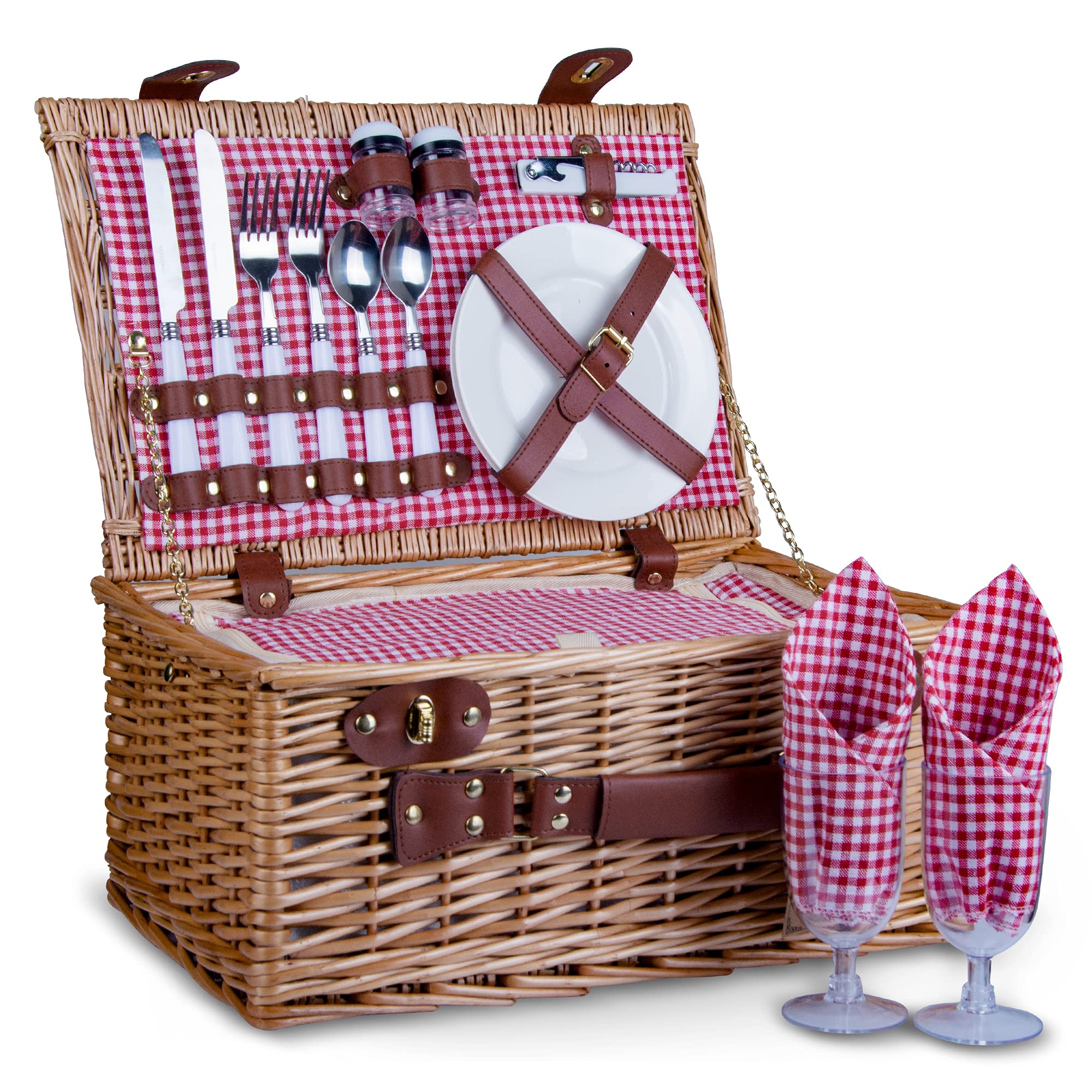 SatisInside 16Pcs Kit Deluxe 2 Person Insulated Wicker Picnic Basket (Reinforced Handle) - Red Gingham
