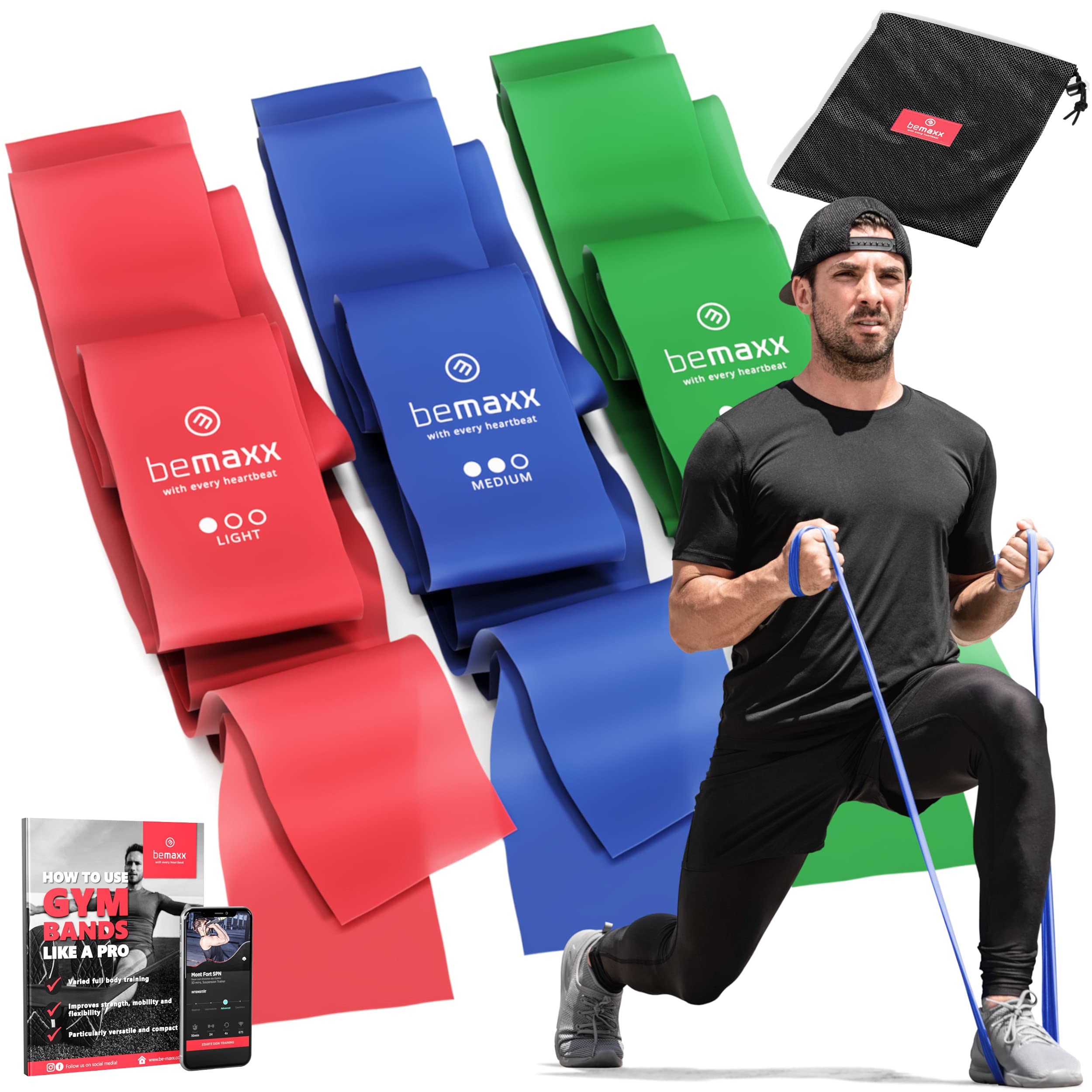 BeMaxx Resistance Bands Set of 3 Levels/Extra Long 2m + Training Guides & Bag | Skin Friendly Elastic Exercise Gym Fitness Latex Band - Glutes Legs Arms Strength Stretching, Women Men Kids