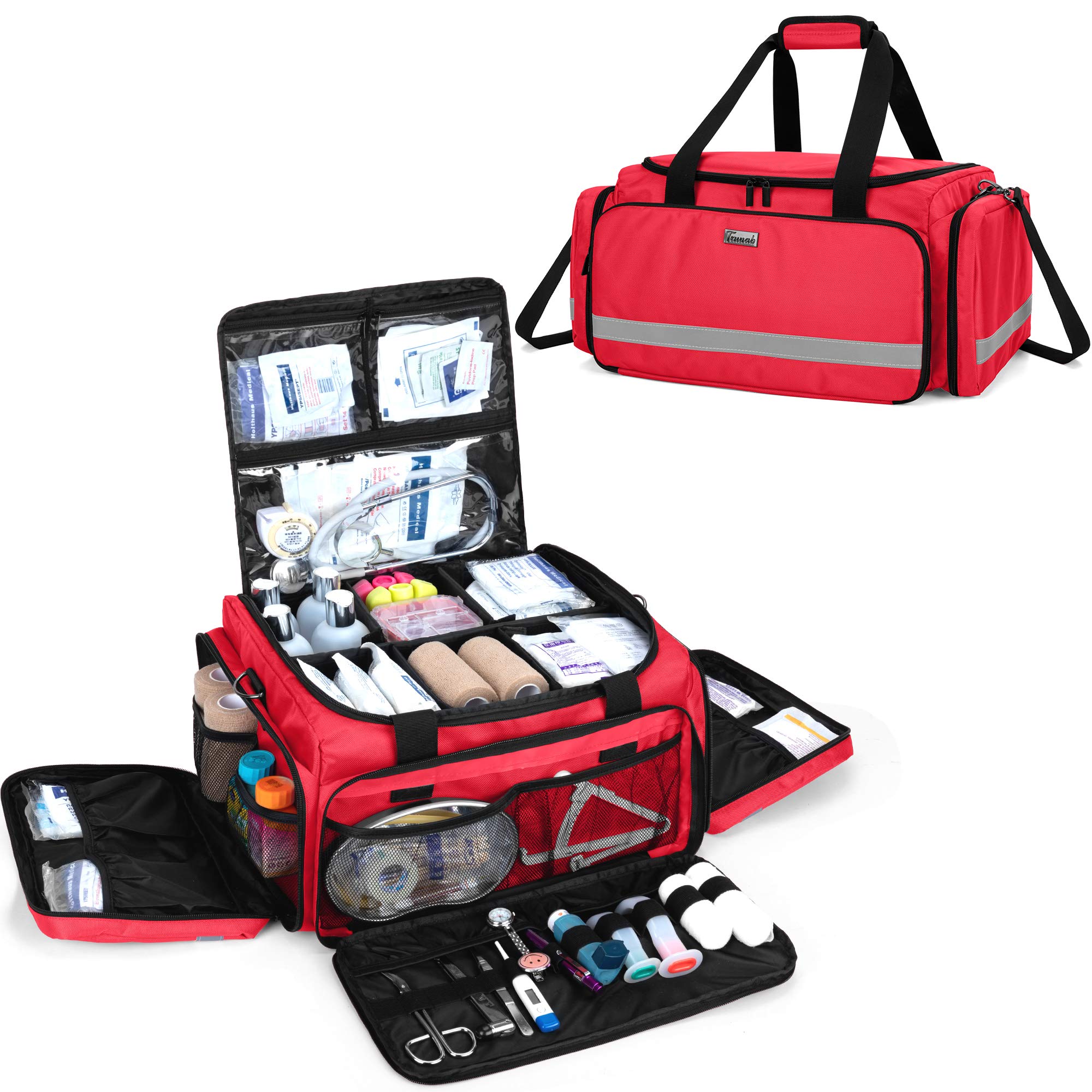 Trunab First Responder Bag Empty, Professional Medical Supplies Bag First Aid Kits Bag with Inner Dividers for Home Health Nurse, Community Care, EMT, EMS, Red, Bag ONLY - Patented Design