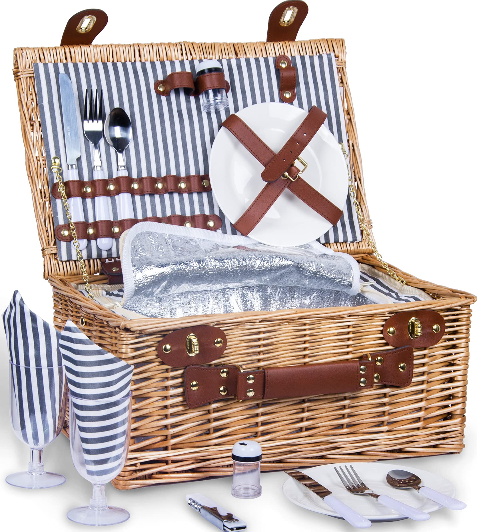 SatisInside UPGRADED INSULATED Deluxe 16Pcs Kit Wicker Picnic Basket Set For 2 People - Reinforced Handle - Grey Stripes