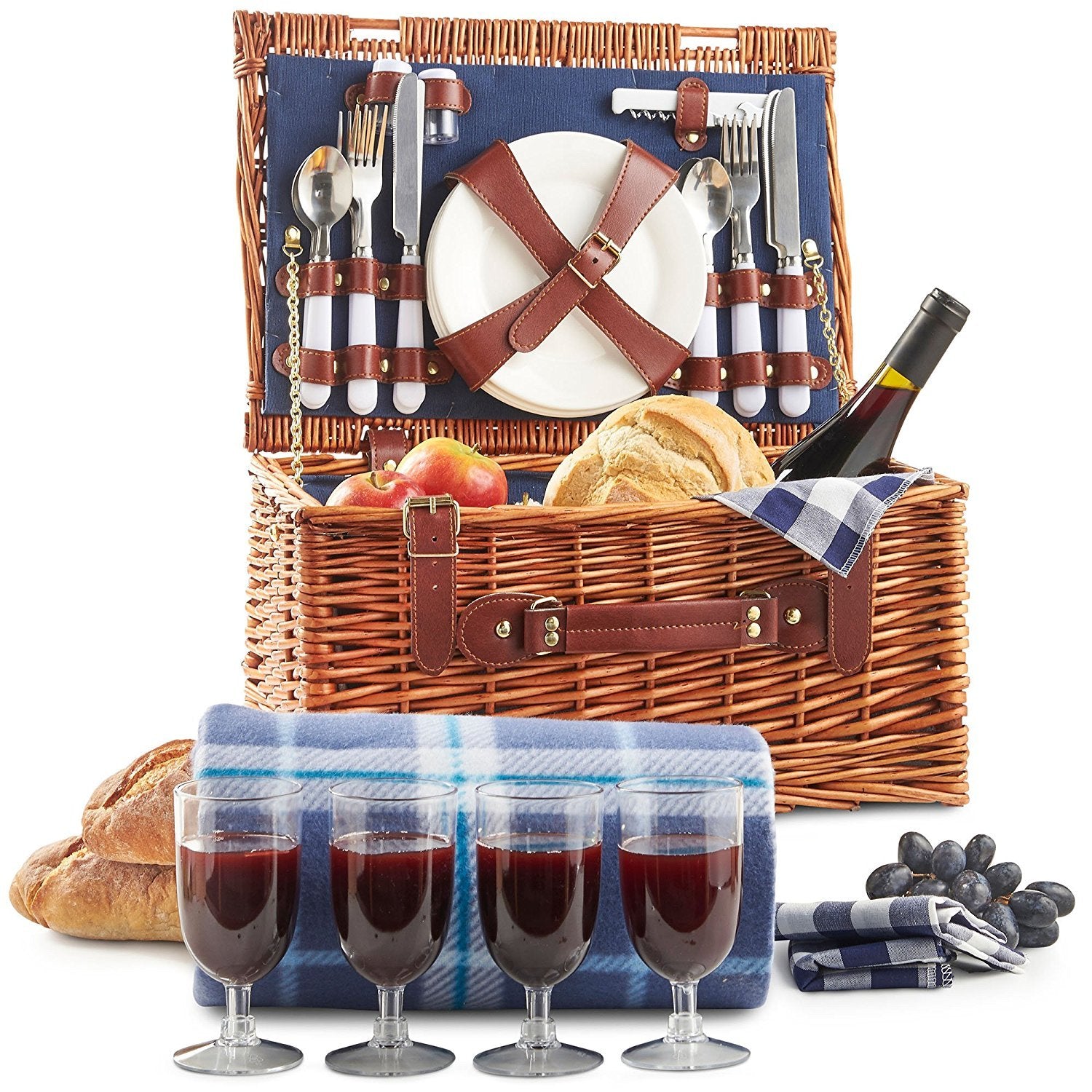 VonShef 4 Person Picnic Baskets - Luxury Wicker Picnic Basket Sets - Stainless Steel Cutlery, Plates, Salt & Pepper Shakers, Wine Glasses, Bottle Opener, Cotton Napkins (4 Person, Navy)