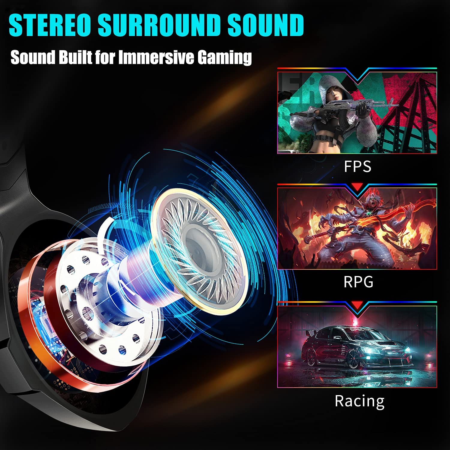 Gaming Headset Stereo Surround Sound Gaming Headphones with Breathing RGB Light & Adjustable Mic for PS4 PS5 PC Xbox One Laptop Mac