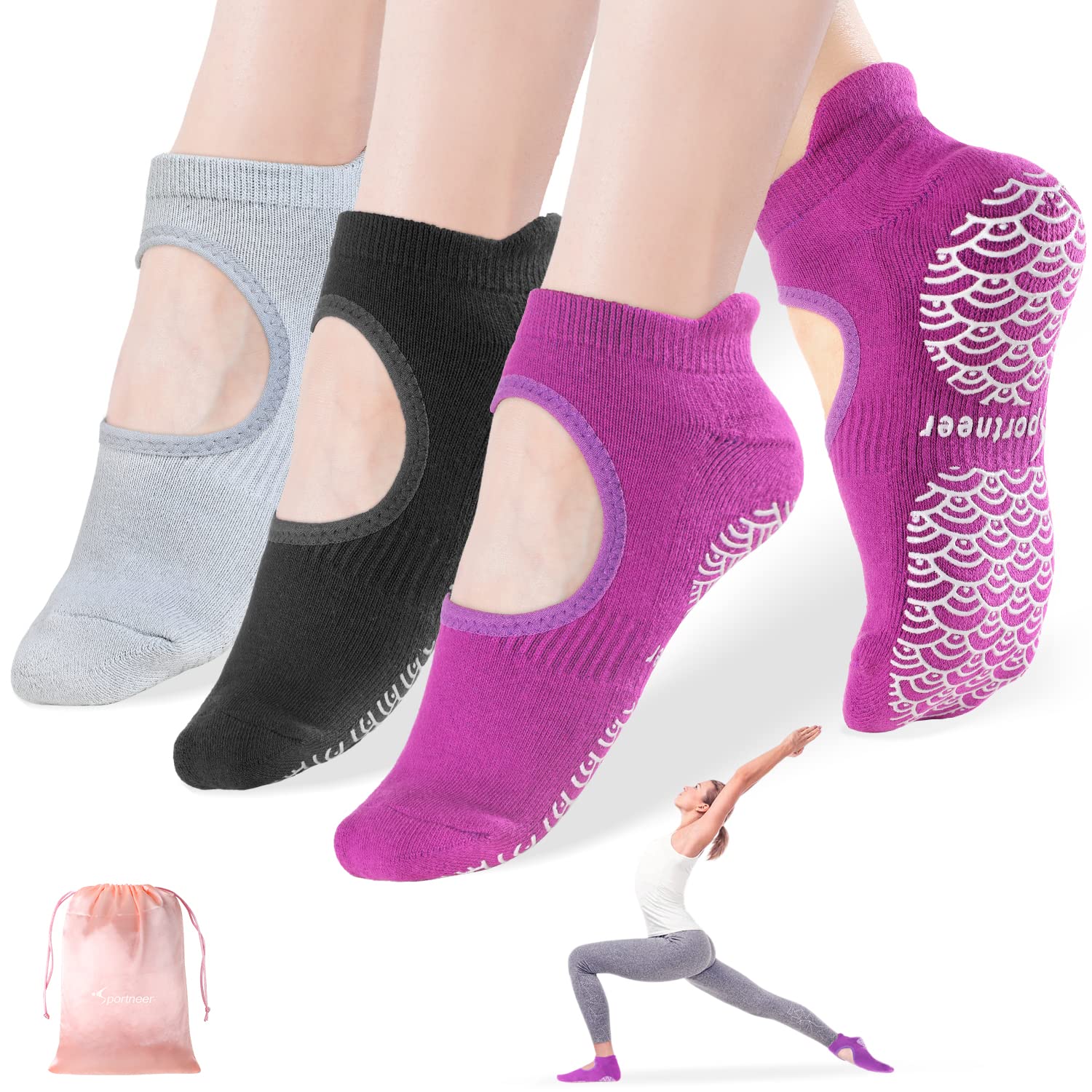 Sportneer Yoga Socks for Women Non Slip Pilates Socks 3-Pack Barre