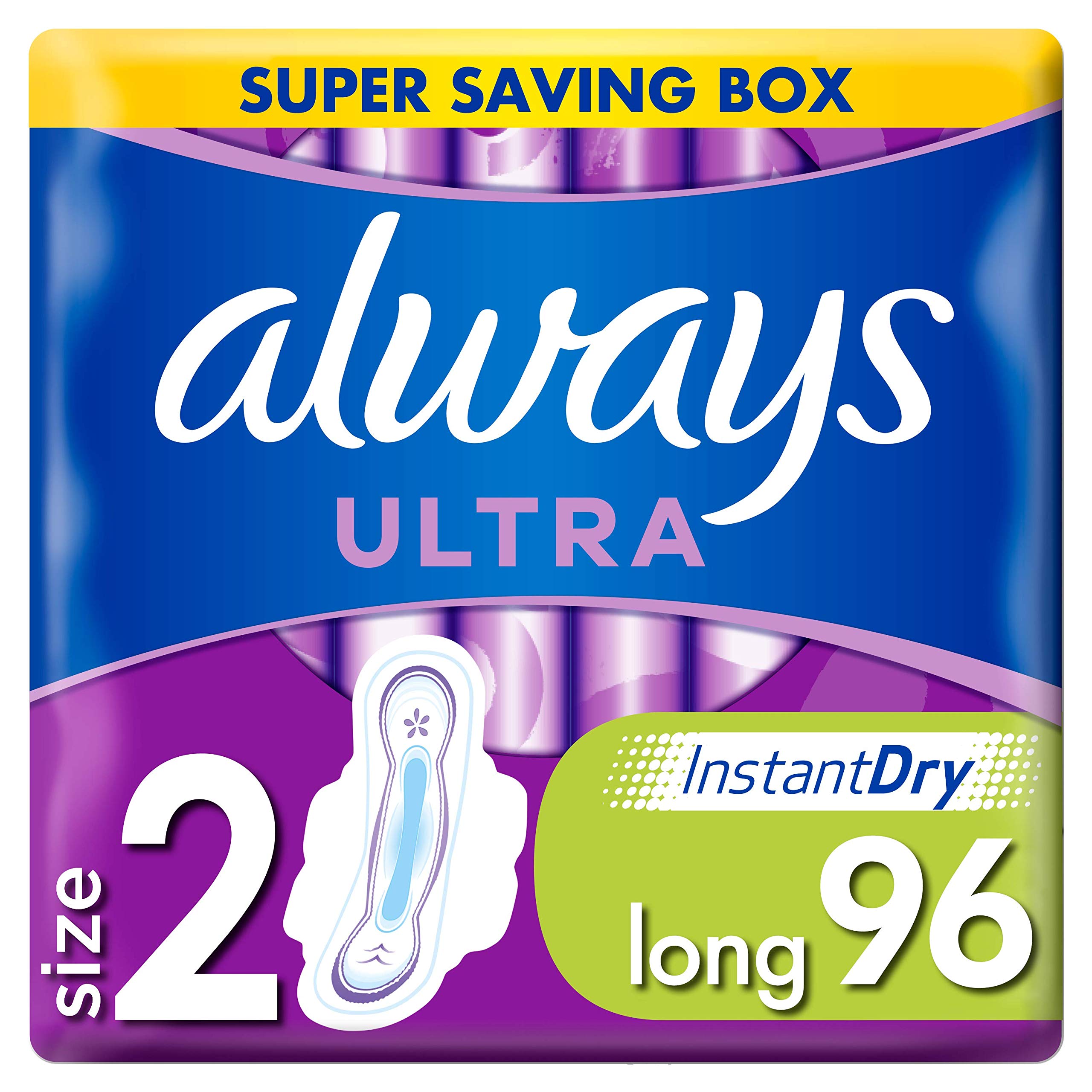 Always Ultra Sanitary Towels with Wings, Size 2, Long, 96 Towels (32 x 3 Packs), SAVING PACK, Odour Neutraliser, Absorbent Core