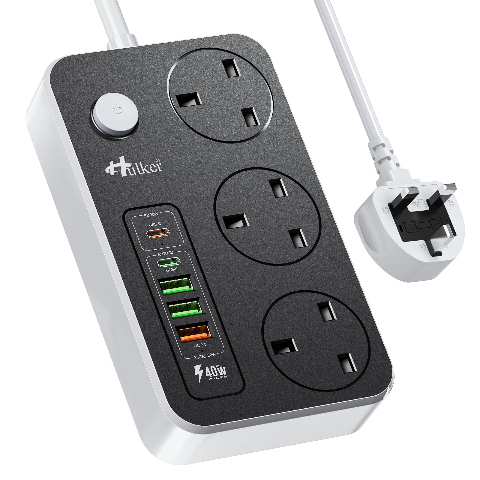 Hulker Extension Lead with USB C Ports Power Strip with 3 Way Outlets 5 USB Slots (1 PD 20W Type-C, 1 QC 18W Fast USB, 3 USB-A Port), Multi Plug Extension Socket with 2 Meter Power Cord 3250W 13A