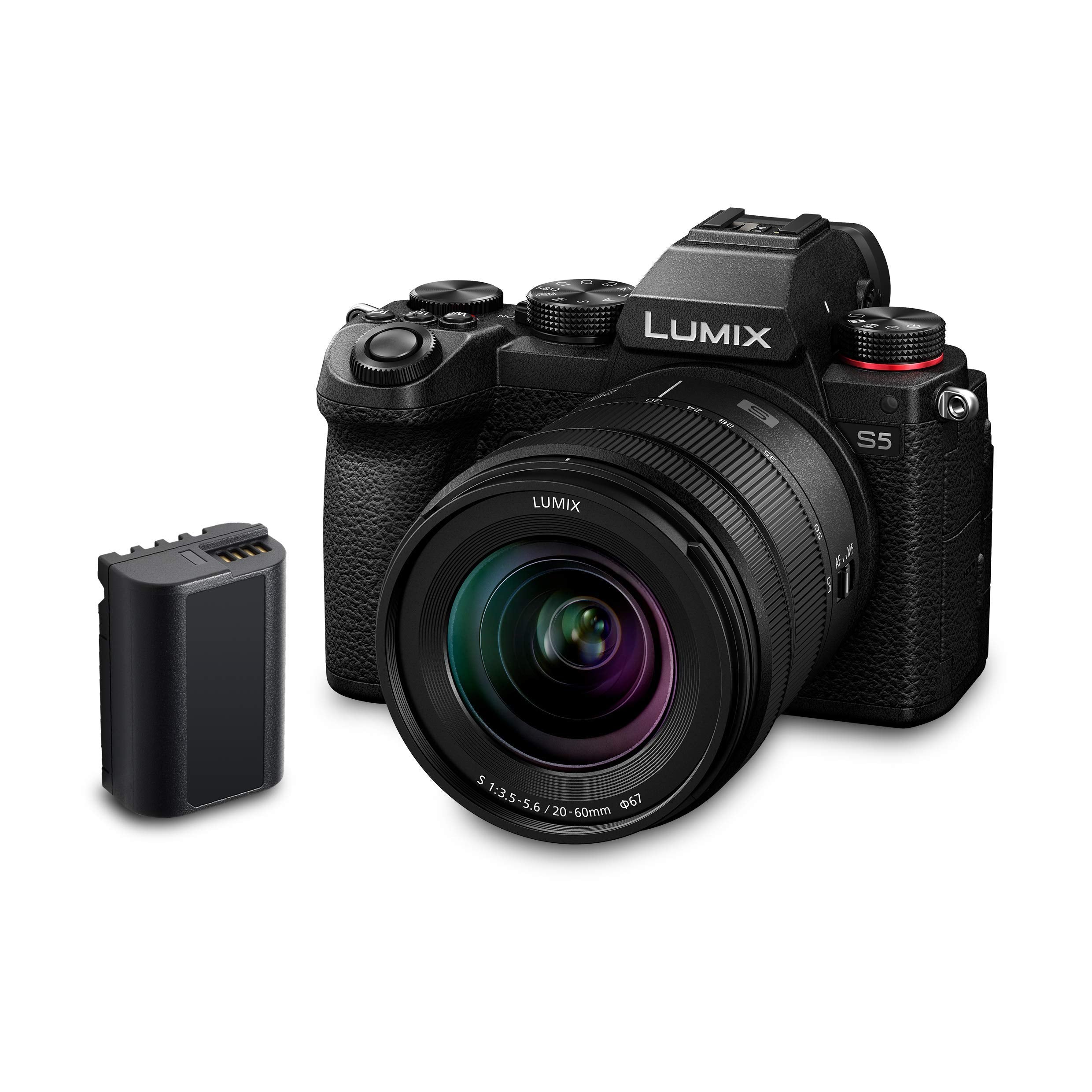 Panasonic LUMIX DC-S5 S5 Full Frame Mirrorless Camera body, 4K 60P Video Recording with Flip Screen and Wi-Fi, 20-60 mm Lens, 5-Axis Dual I.S, (Black), Plus Additional Battery Pack