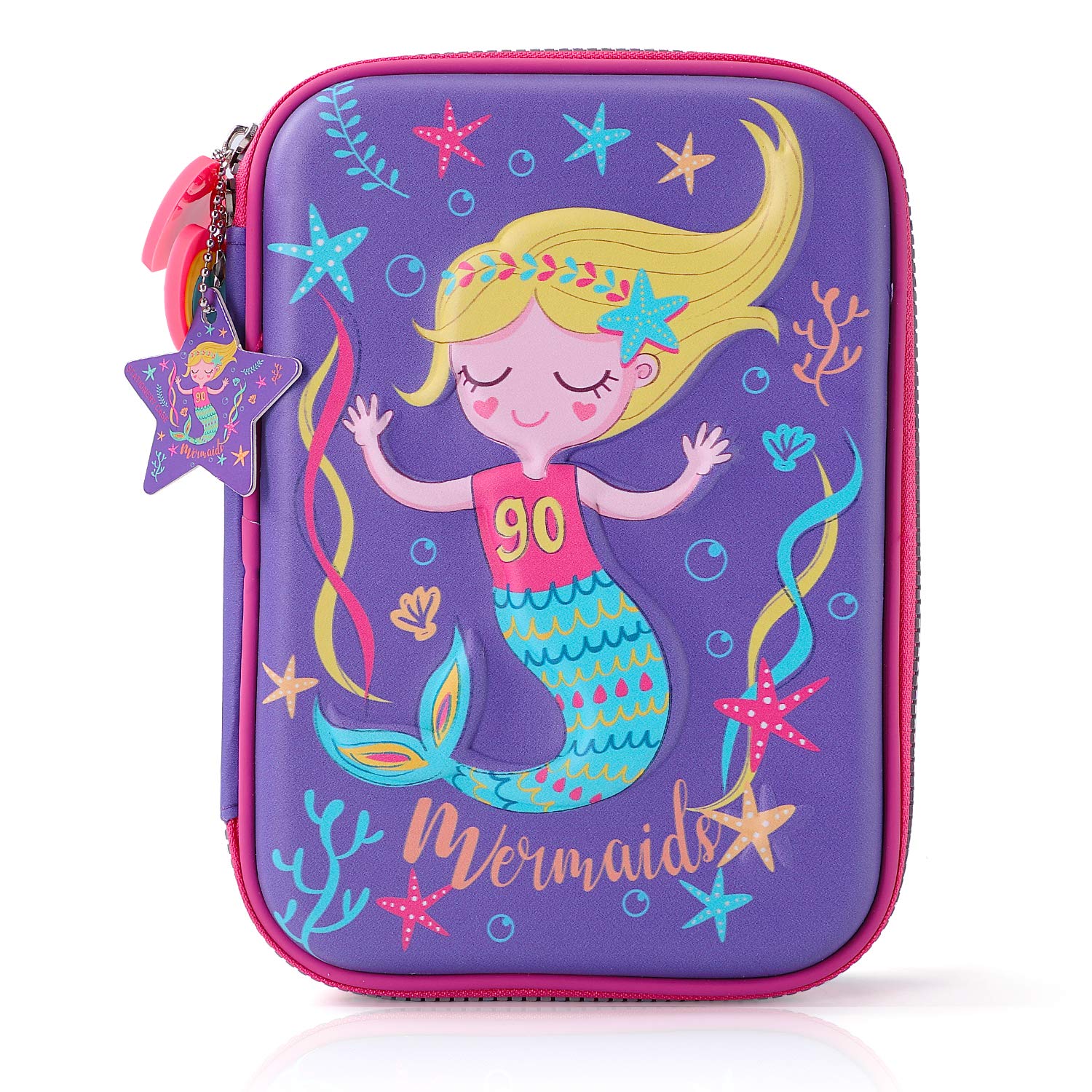 Powerking Pencil Case,Hardtop Mermaid Pencil Holder Box for Kids with bulit-in Pen Pencil Slots, Girls and Boys Painted Pencil Stationery Organizer