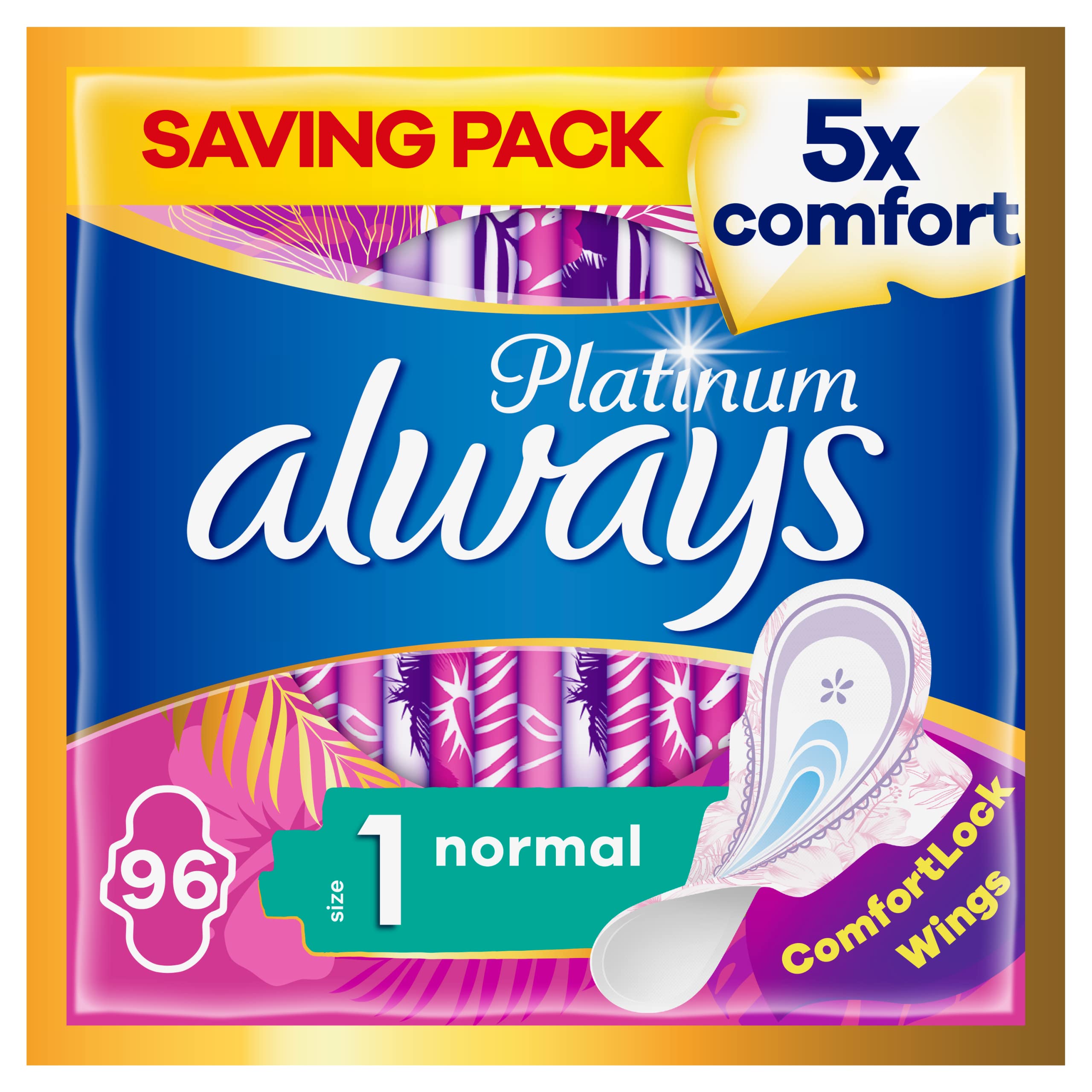 Always Platinum Sanitary Towels with Wings, Size 1, Normal, 96 Towels (24 x 4 Packs), SAVING PACK, Odour Neutraliser, Super Absorbent Core