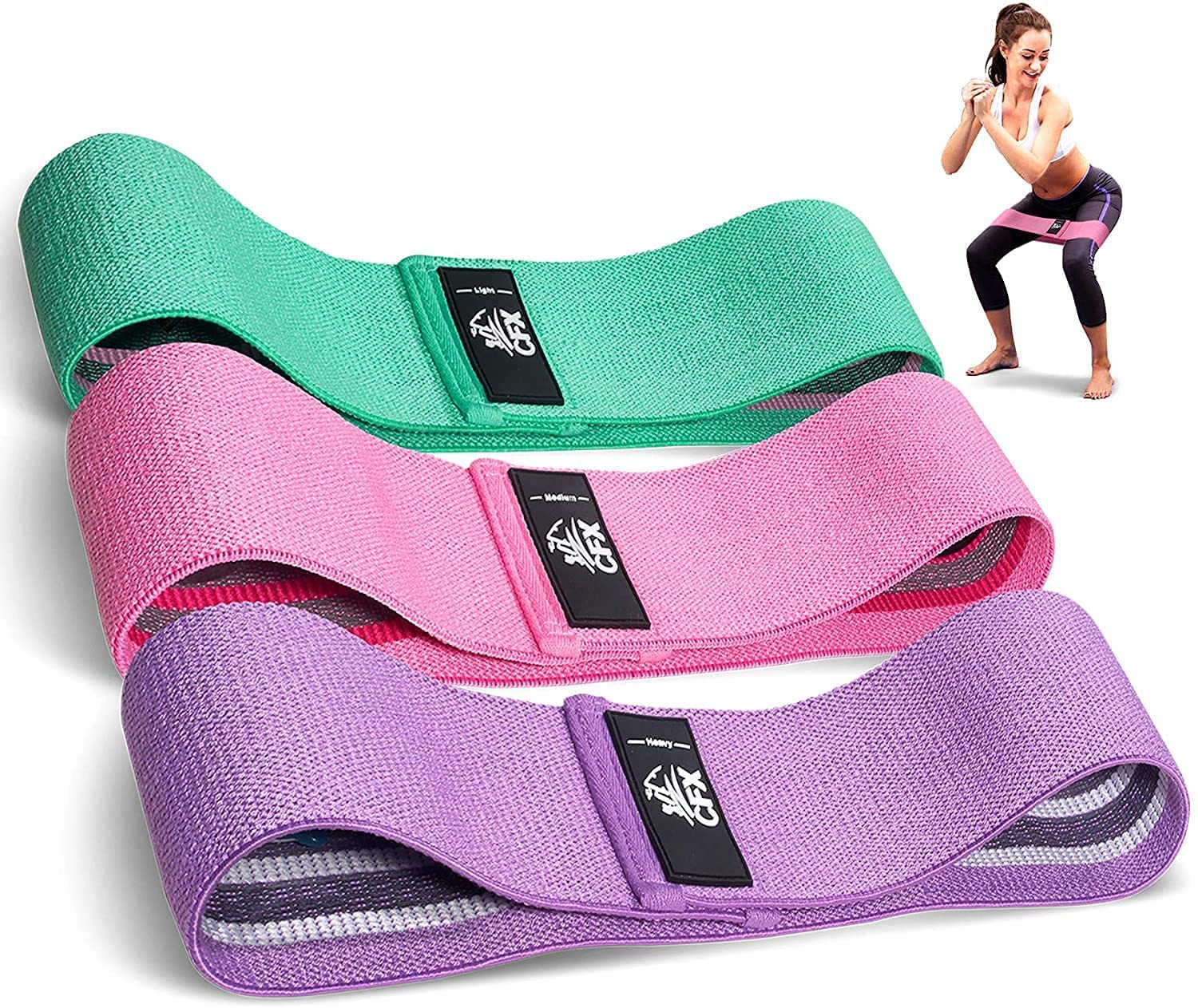 CFX Resistance Bands 3 Sets, Premium Exercise Bands with Non-Slip Design for Hips & Glutes, 3 Resistance Level Workout Booty Bands for Women and Men,Home Training,Fitness,Yoga
