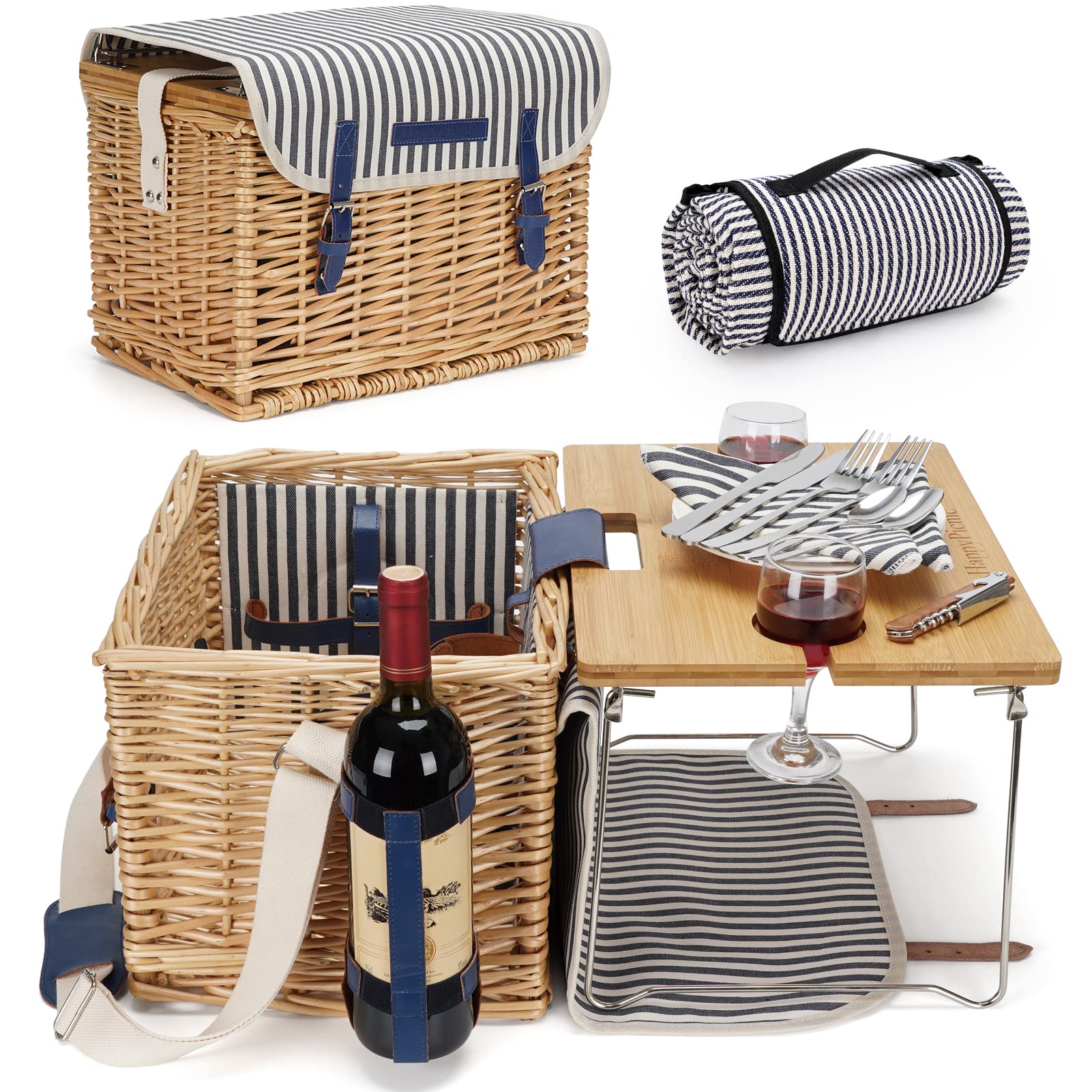 Wicker Picnic Basket for 2, 2 Person Picnic Set, Willow Hamper Service Gift Set with Bamboo Wine Table with Metal Legs for Camping and Outdoor Party