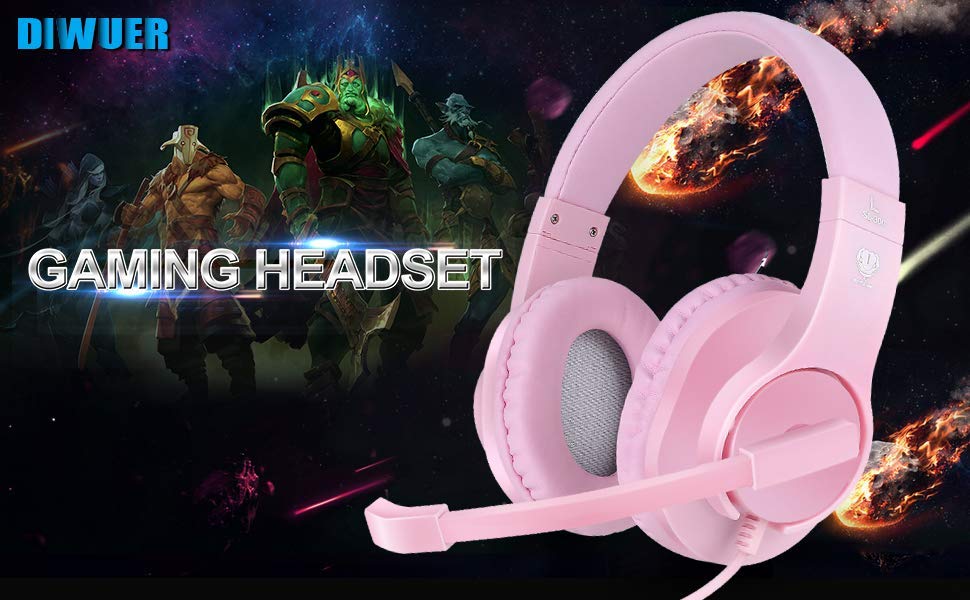 Gaming Headset for Xbox One, PS4, Nintendo Switch, DIWUER Bass Surround and Noise Cancelling 3.5mm Over Ear Headphones with Mic for Laptop PC Smartphones, Pink
