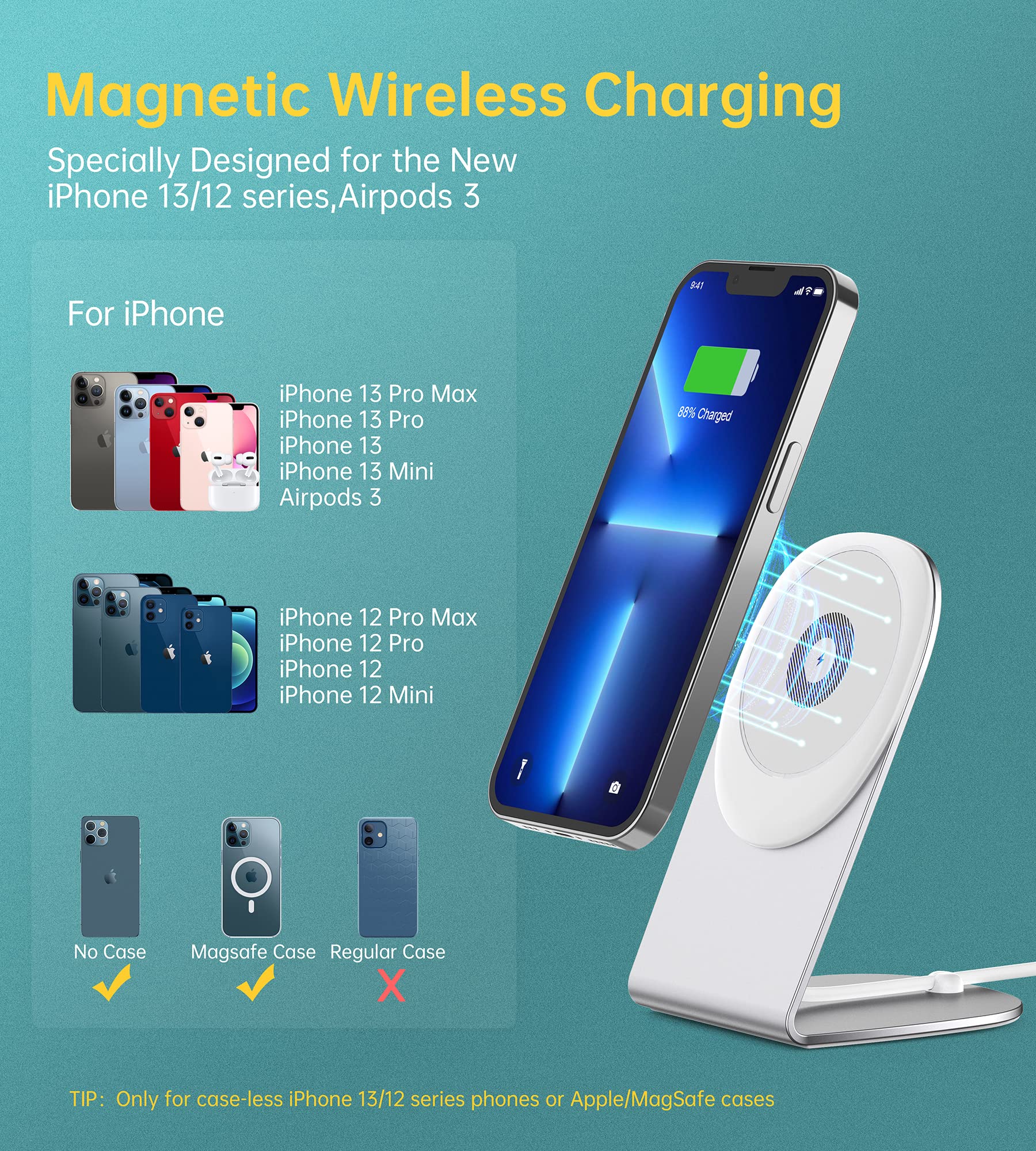 RoRoSkin Magnetic Wireless Charger - Convertible Fast Wireless Charging Stand/Pad with 5ft USB-C Cable Compatible with Mag safe iPhone 13 12 Pro Max Mini,Airpods 3 (with 20W Charger)