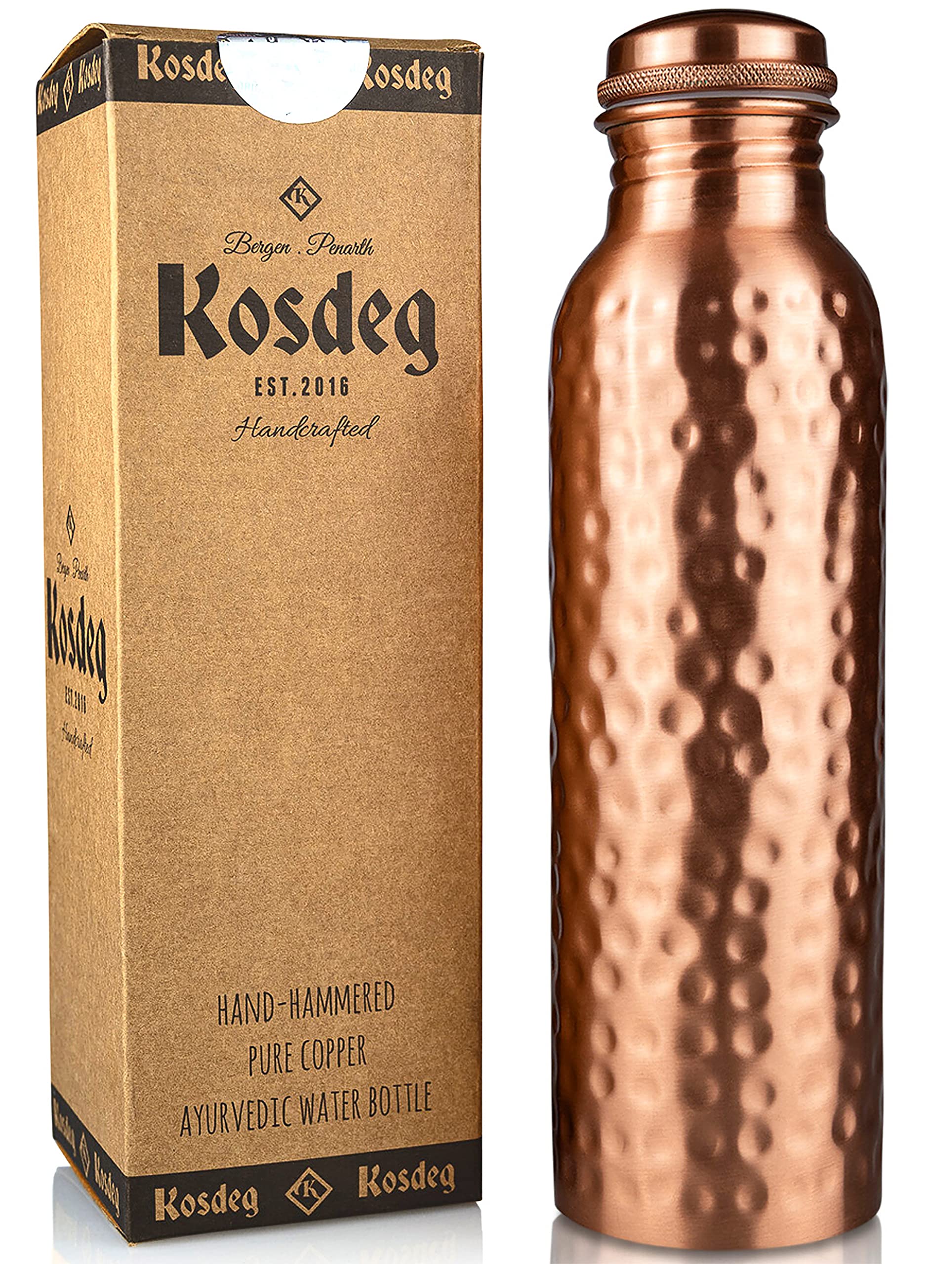 Kosdeg Hammered Copper Water Bottle 1 Liter / 34 Oz Extra Large - An Ayurvedic Pure Copper Vessel - Drink More Water, Lower Your Sugar Intake And Enjoy The Health Benefits Immediately